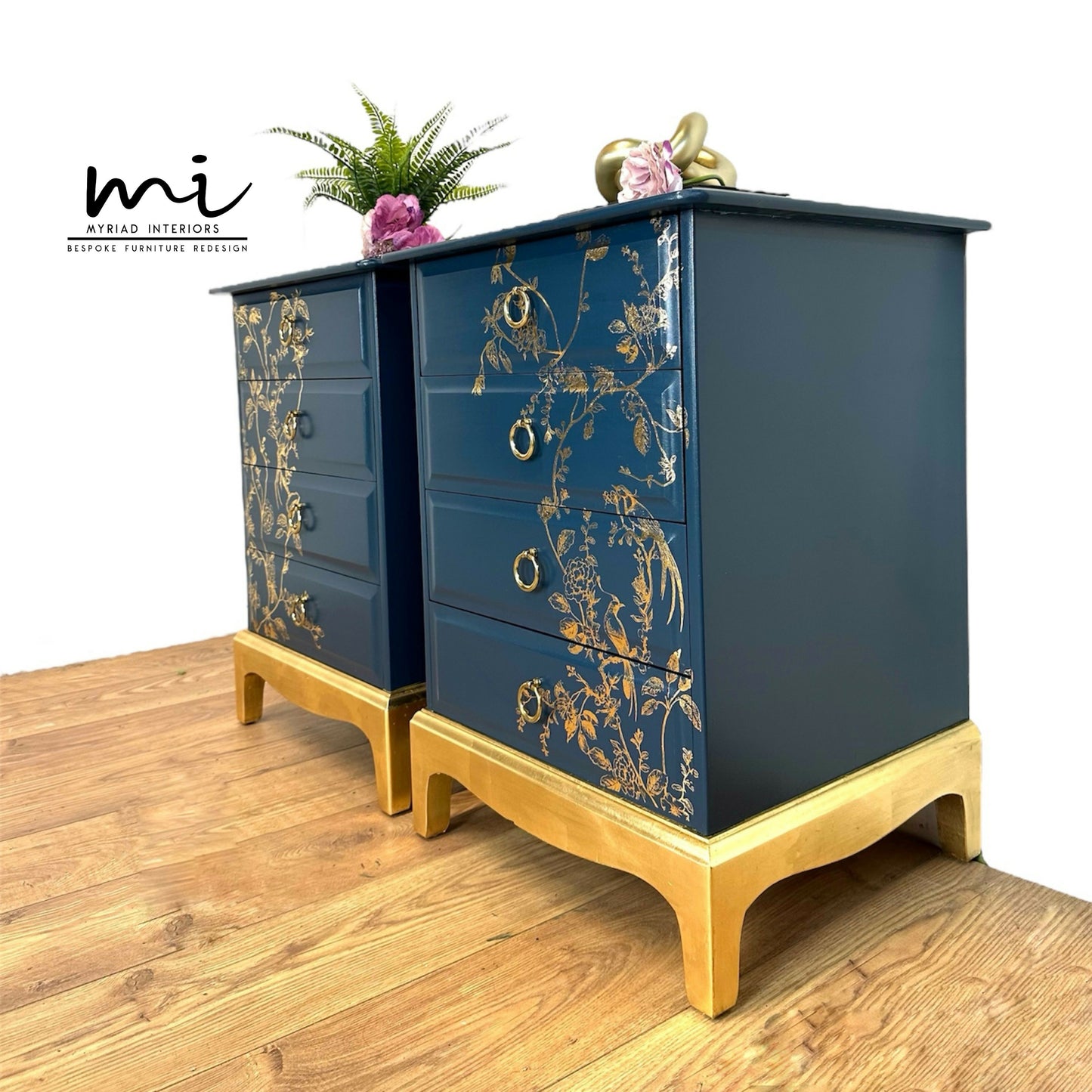 MADE TO ORDER Pretty Refurbished Stag Minstrel 4 drawer bedside tables, navy blue with gold foil design, bird song, nightstands, vintage, blossom art deco