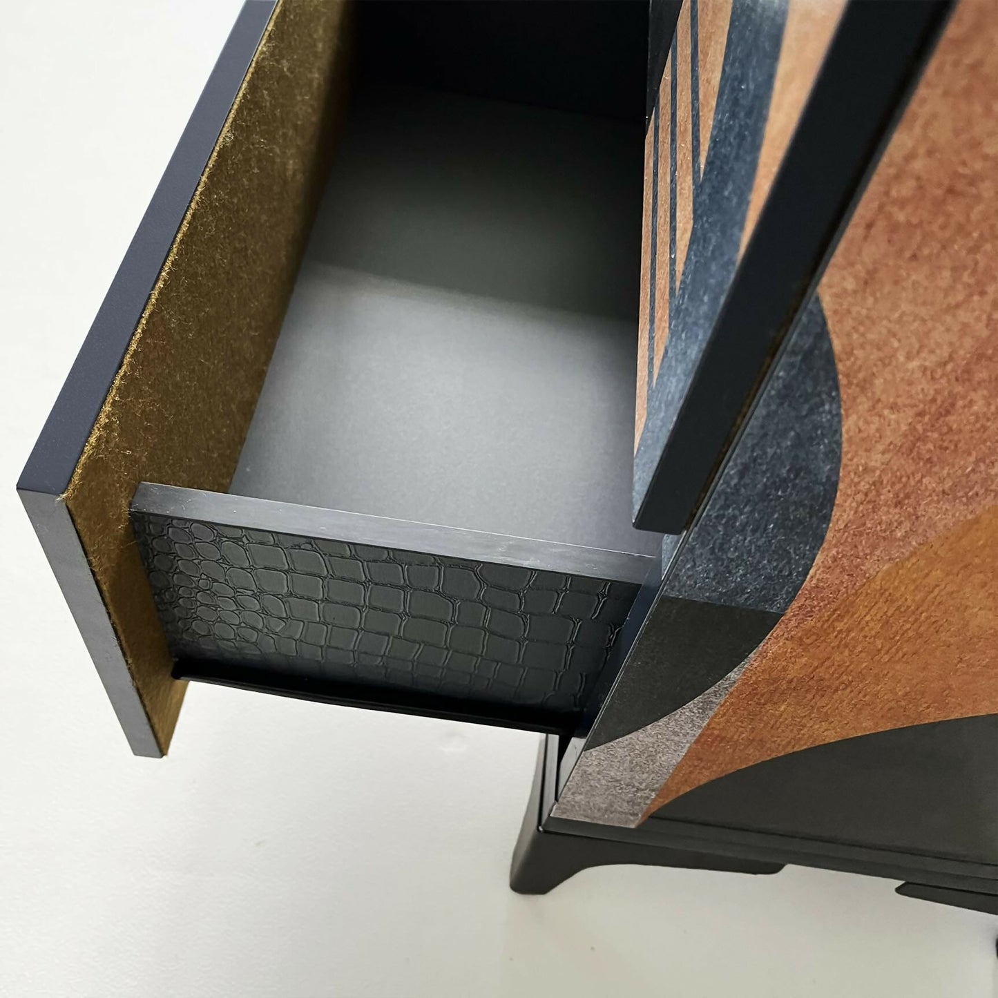 modern shallow chest of drawers, dcorated textured abstract pattern open drawer from closer