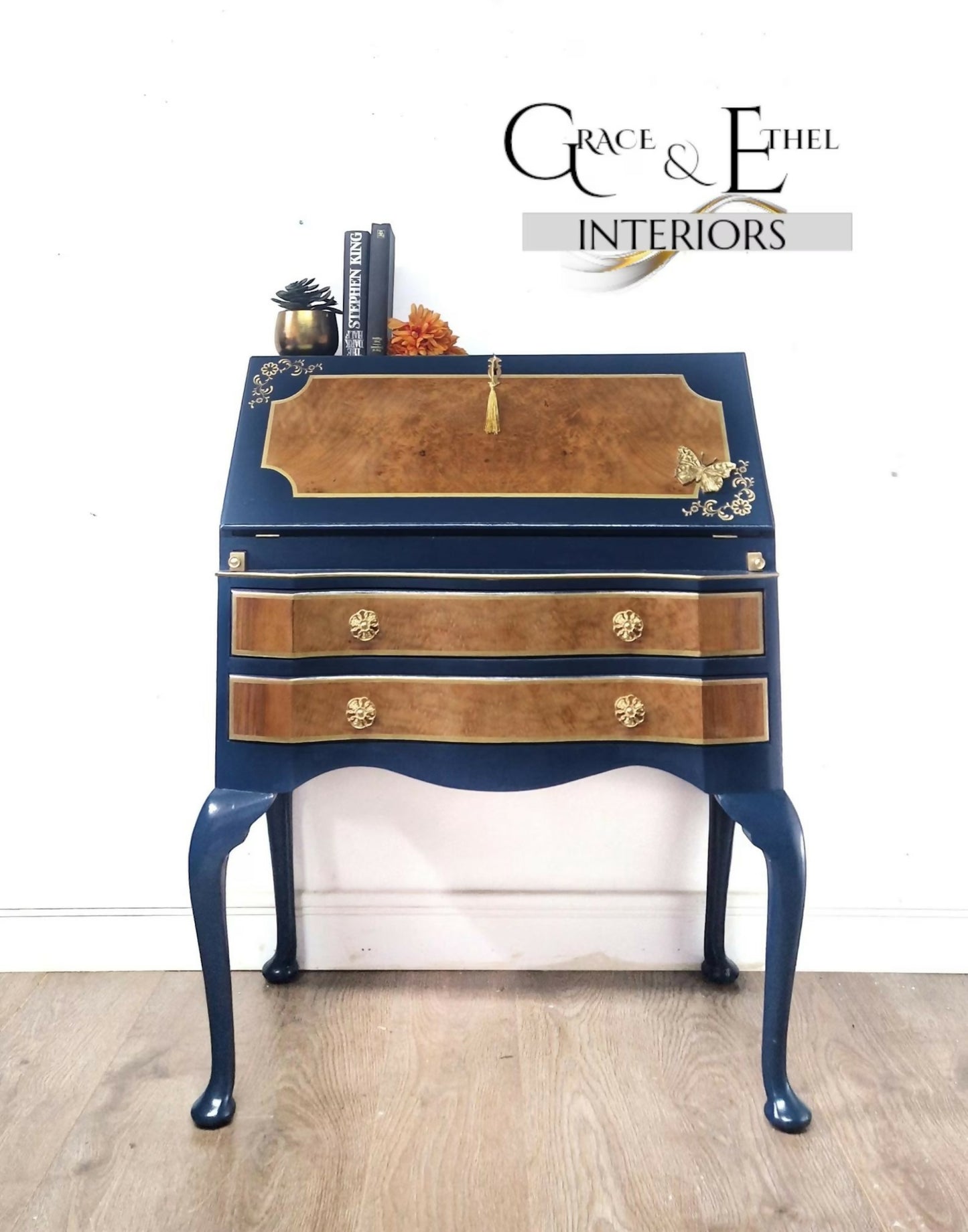 Navy and gold bureau, secretary desk, navy furniture, walnut desk, writing desk, navy blue