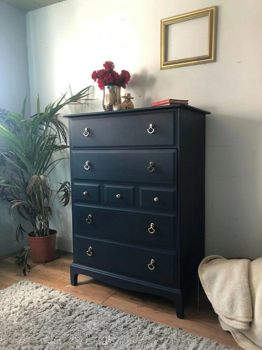 stag navy tall boy chest of drawers