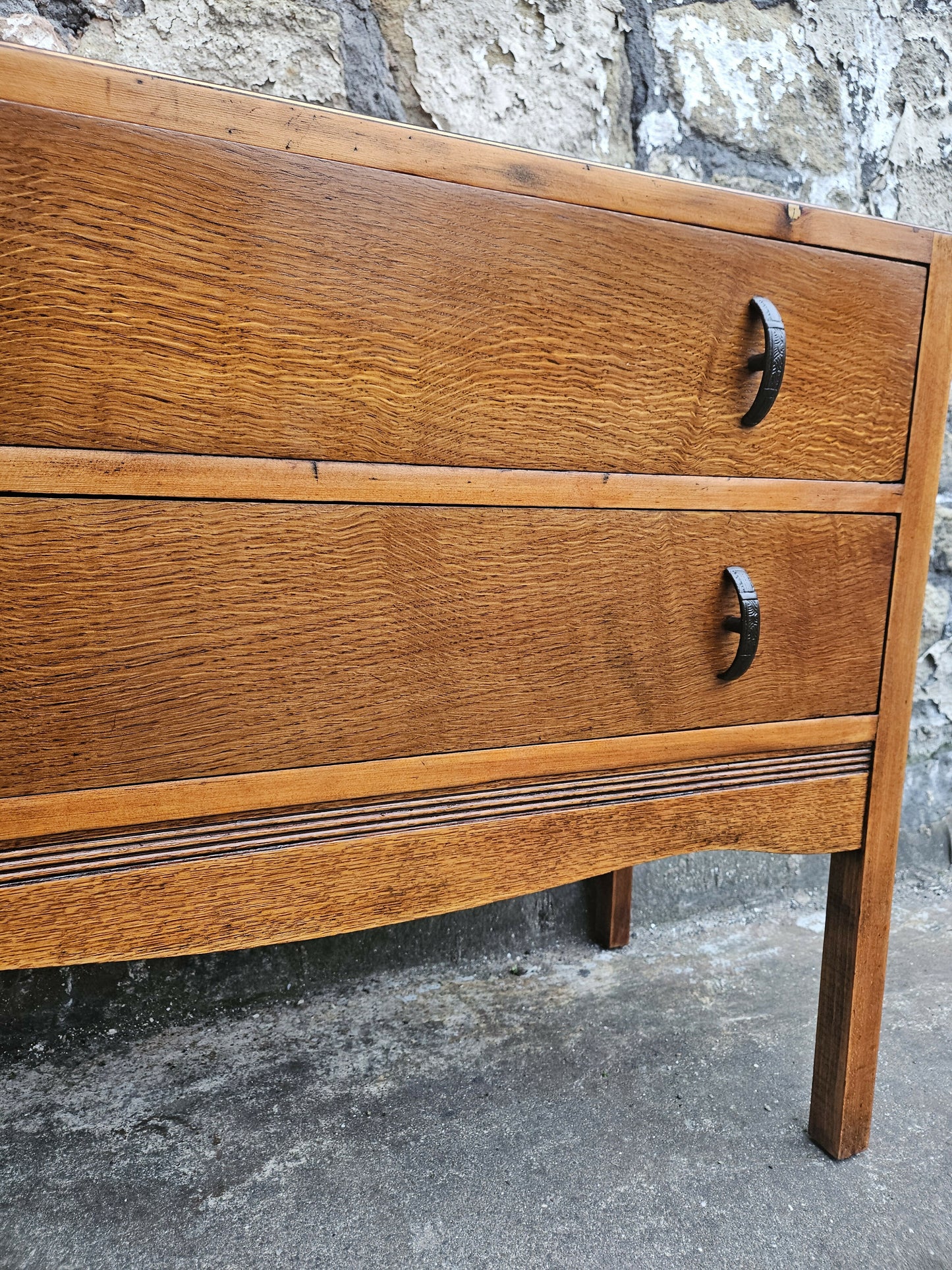 Vintage Oak Chest of Drawers: Mid-Century Modern Tallboy Cabinet Two Drawer