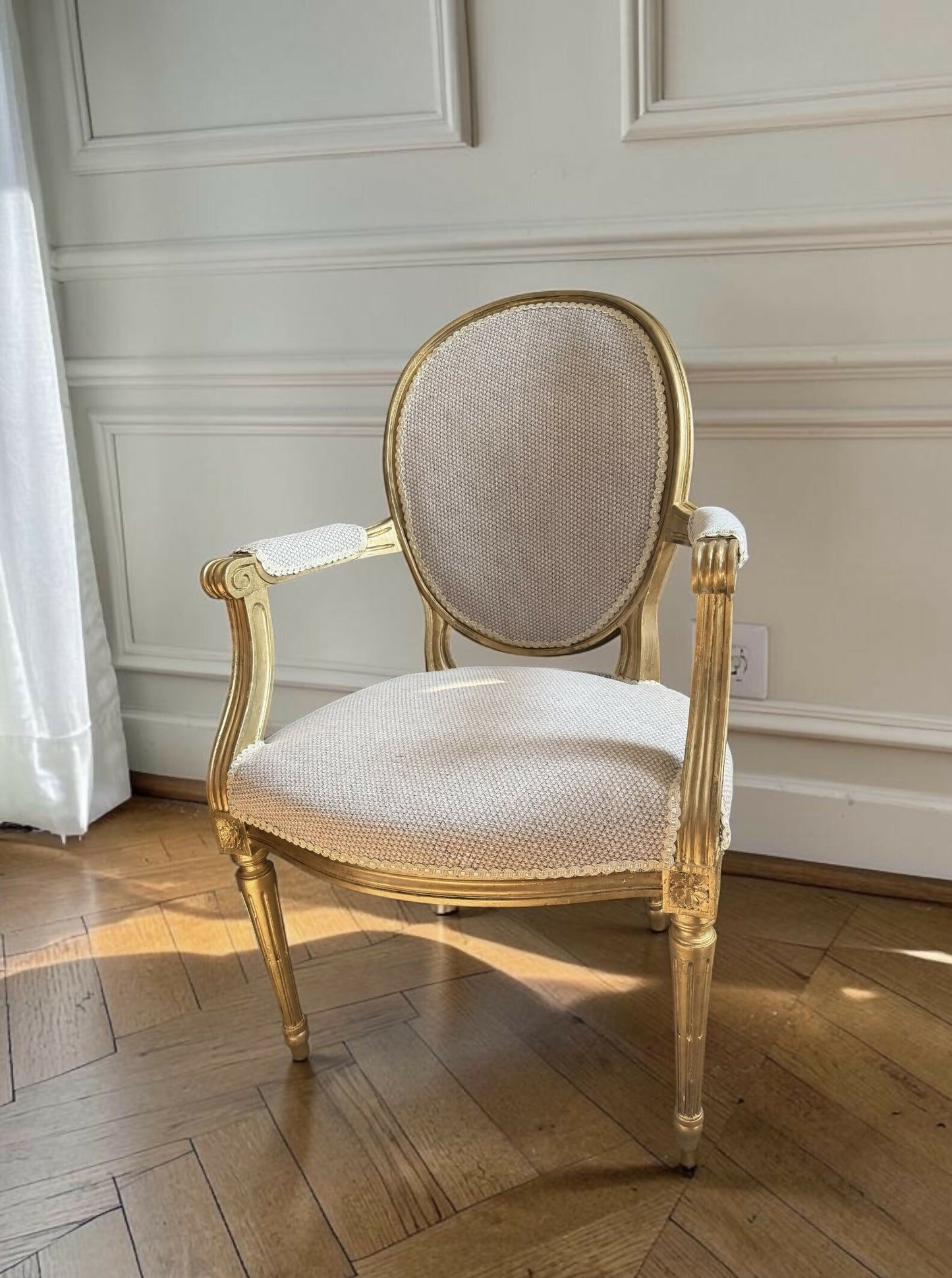 Stunning pair of freshly upholstered Louis XVI antique armchairs