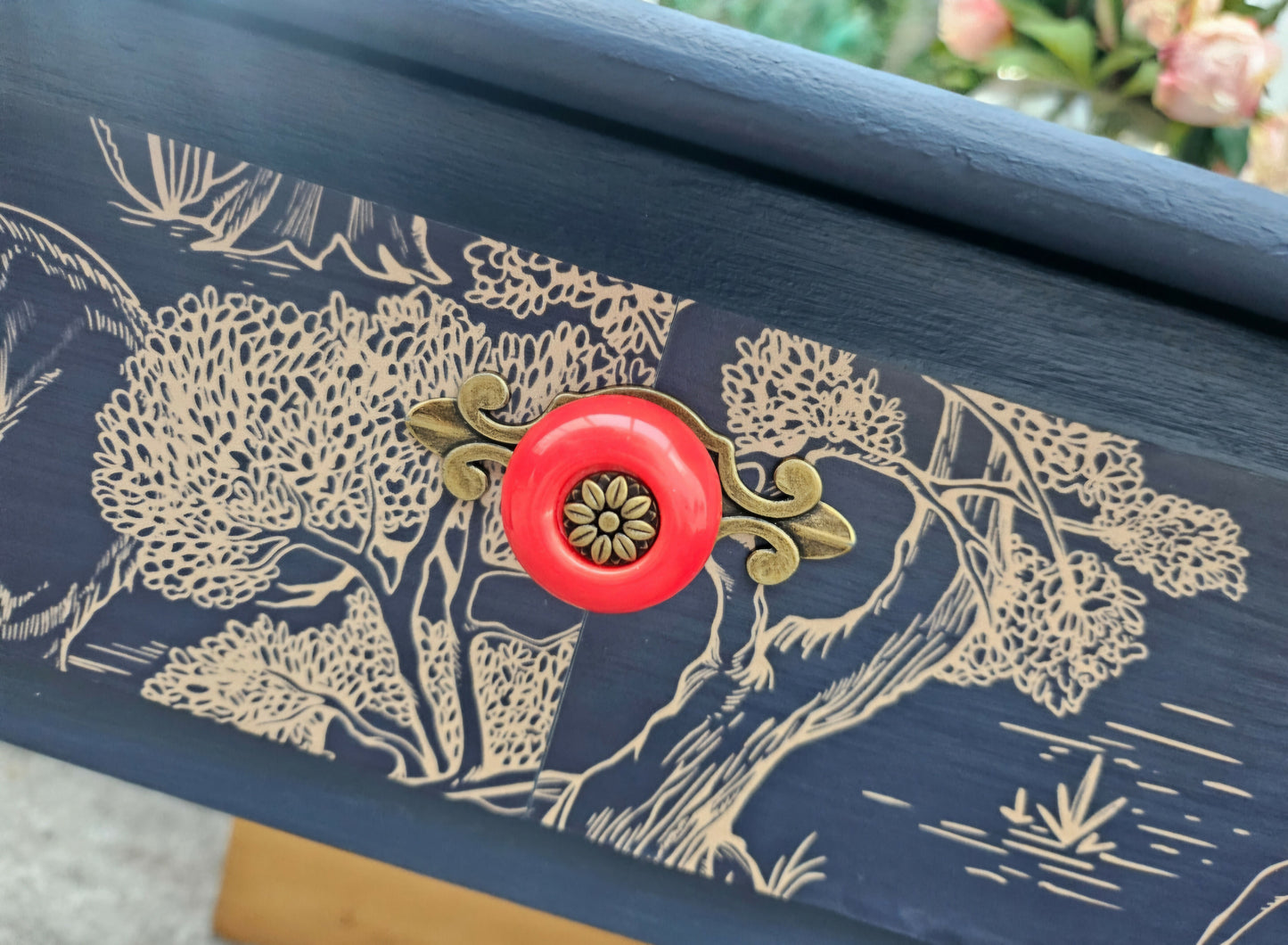 Luxe Navy Blue Hand Painted Stag Minstrel Classic Vintage Dressing Table Desk