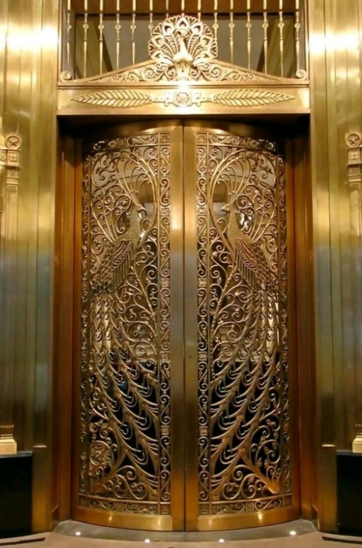 Art deco style Sideboard/Buffet. Palmer House Hotel Tiffany Peacocks. Navy Blue and Gold