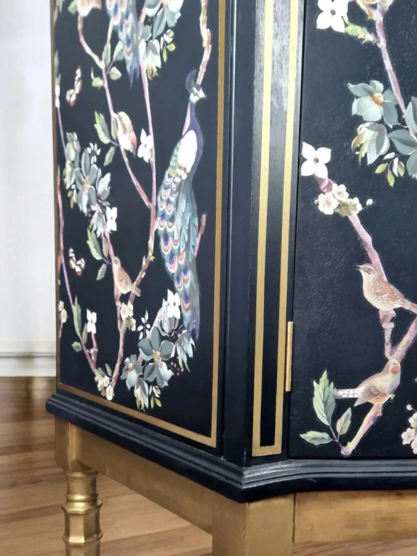 Strongbow sideboard, navy,buffet,tv stand media unit,navy furniture, decoupaged, furniture transfers, peacocks,gold,navy sideboard,statement
