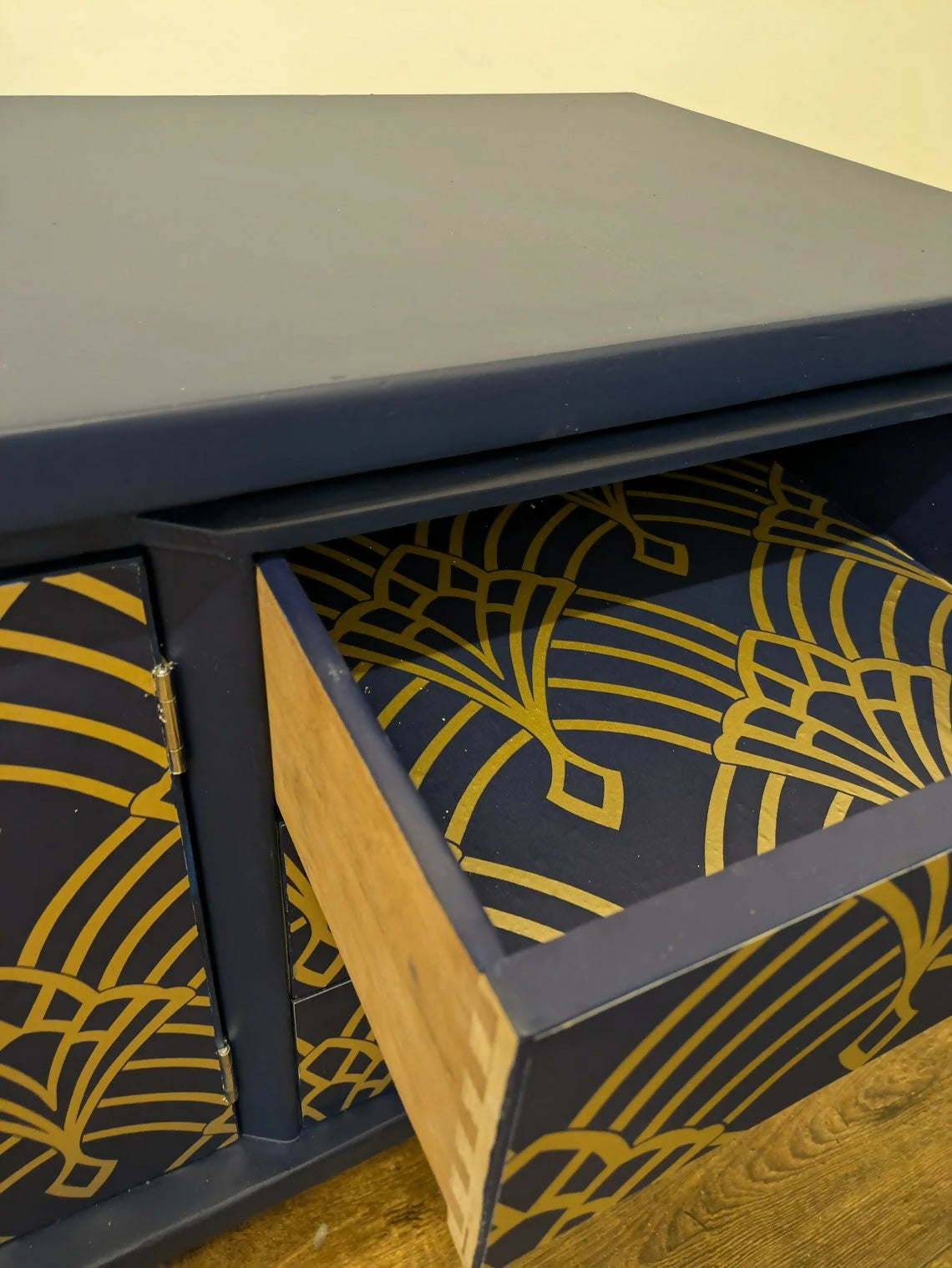 Vintage Midcentury Teak Sideboard: Navy & Gold Art Deco Cabinet