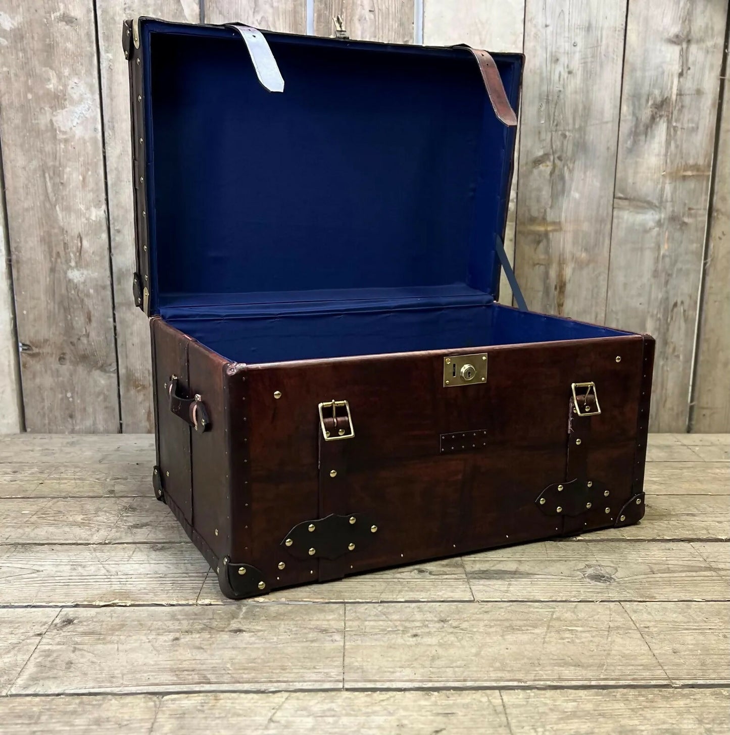 Genuine Bridle Leather Hand Dyed Belted Chestnut Brown Coffee Table Trunk