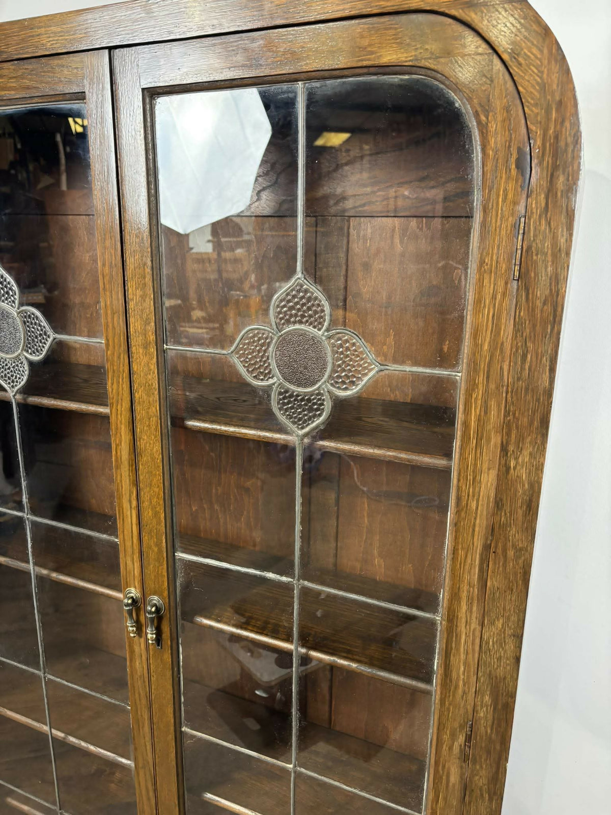 Art Deco Style Oak Leaded Glass Bookcase / Display Cabinet