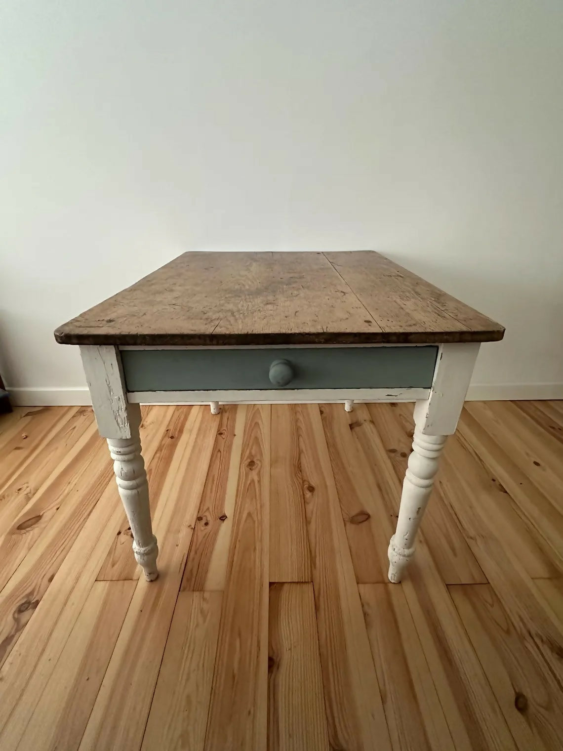 Antique Pine Farmhouse Kitchen Table Scrub Stripped Rustic Top With End Drawer