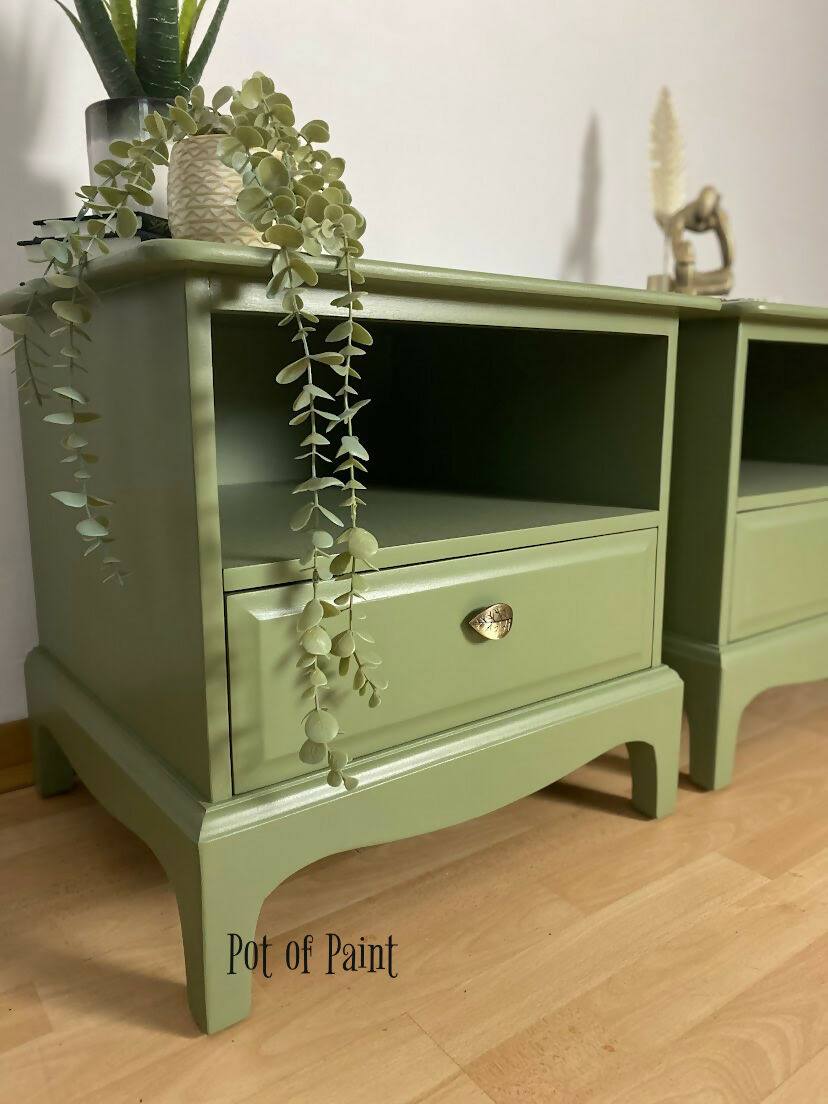 Pair of Stag 1 drawer, Sepal Green bedsides tables