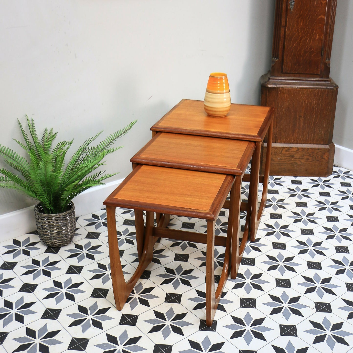 G Plan Nest of Three Tables Astro Design with Teak Tops and Teak Afromosia Legs.