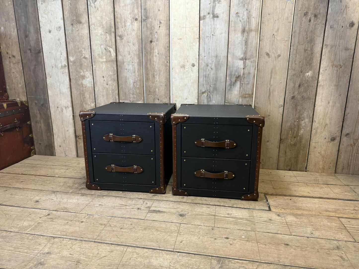 Black Leather Brown Trimmed Handmade Luxury Bedroom End Tables