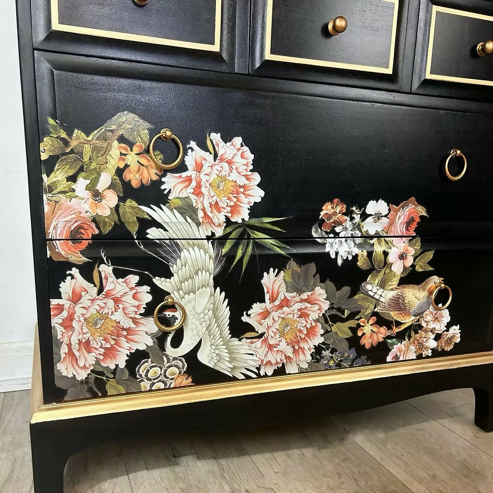 Stag Tallboy Chest of Drawers in Black and Gold Chinoiserie