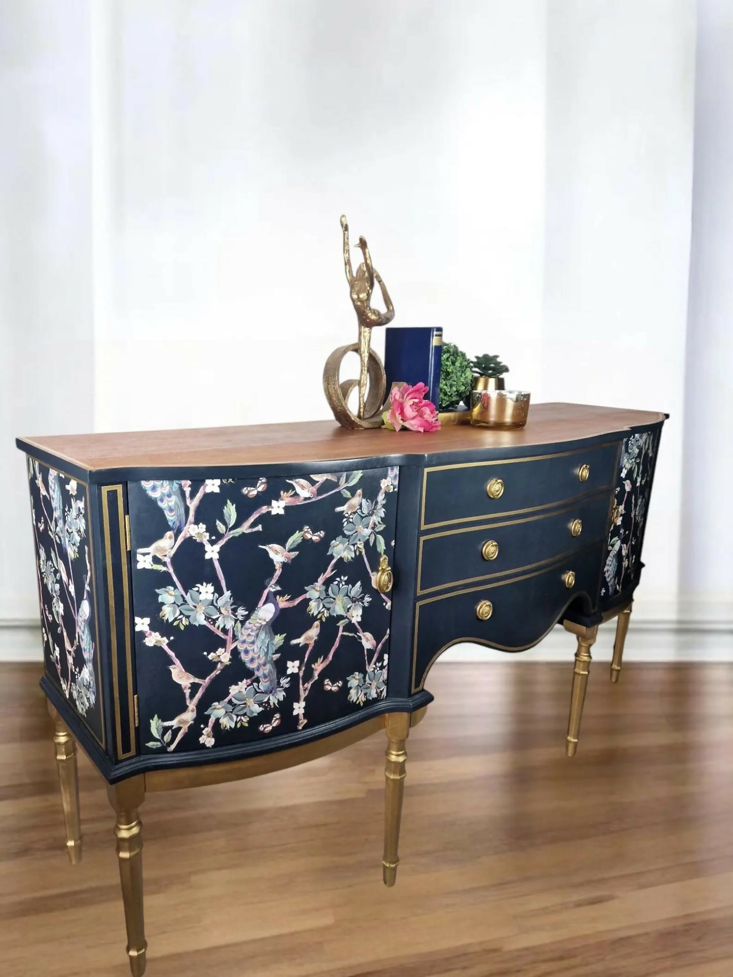 Strongbow sideboard, navy,buffet,tv stand media unit,navy furniture, decoupaged, furniture transfers, peacocks,gold,navy sideboard,statement
