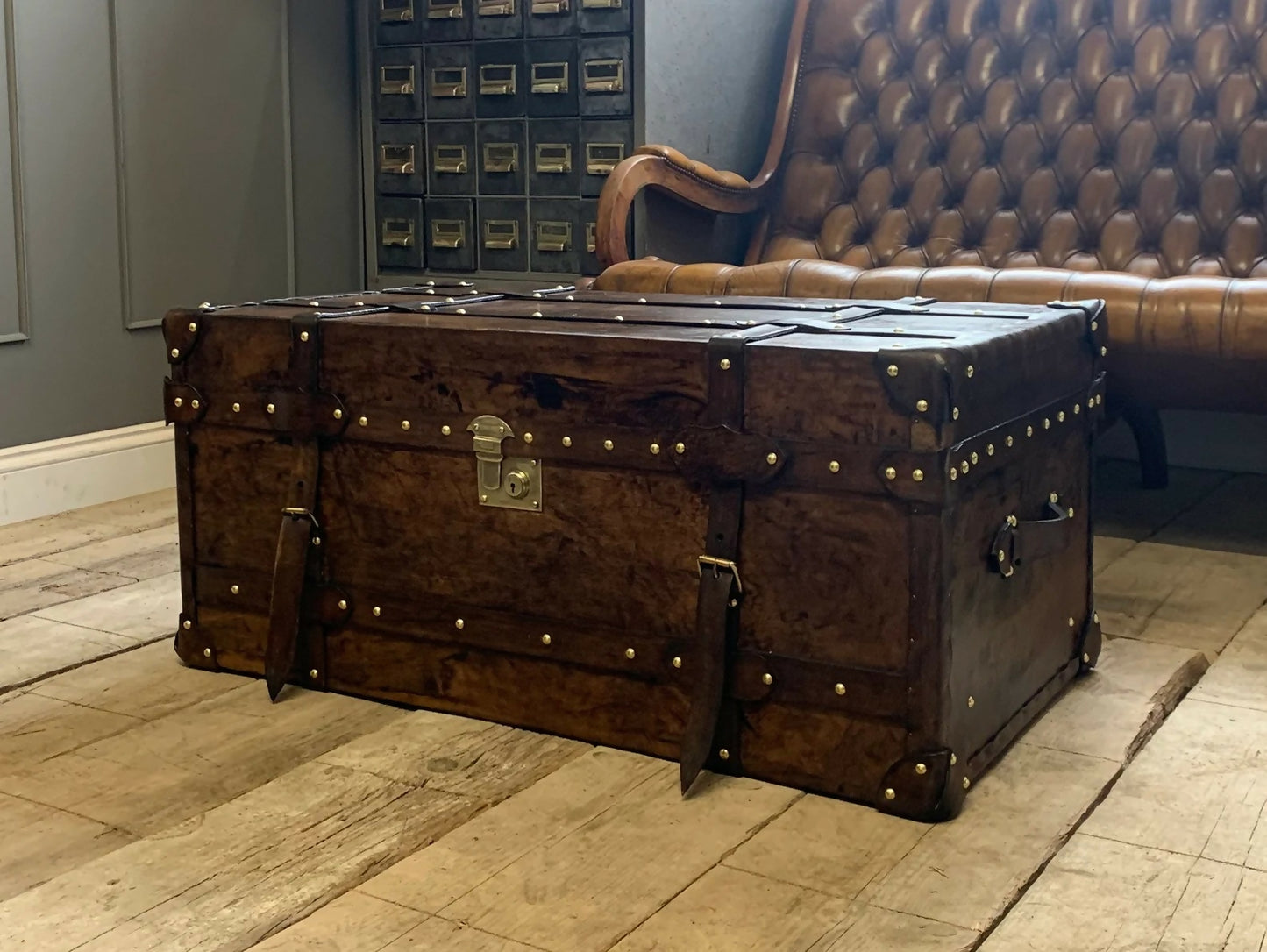 English Leather Belted Coffee table Trunk