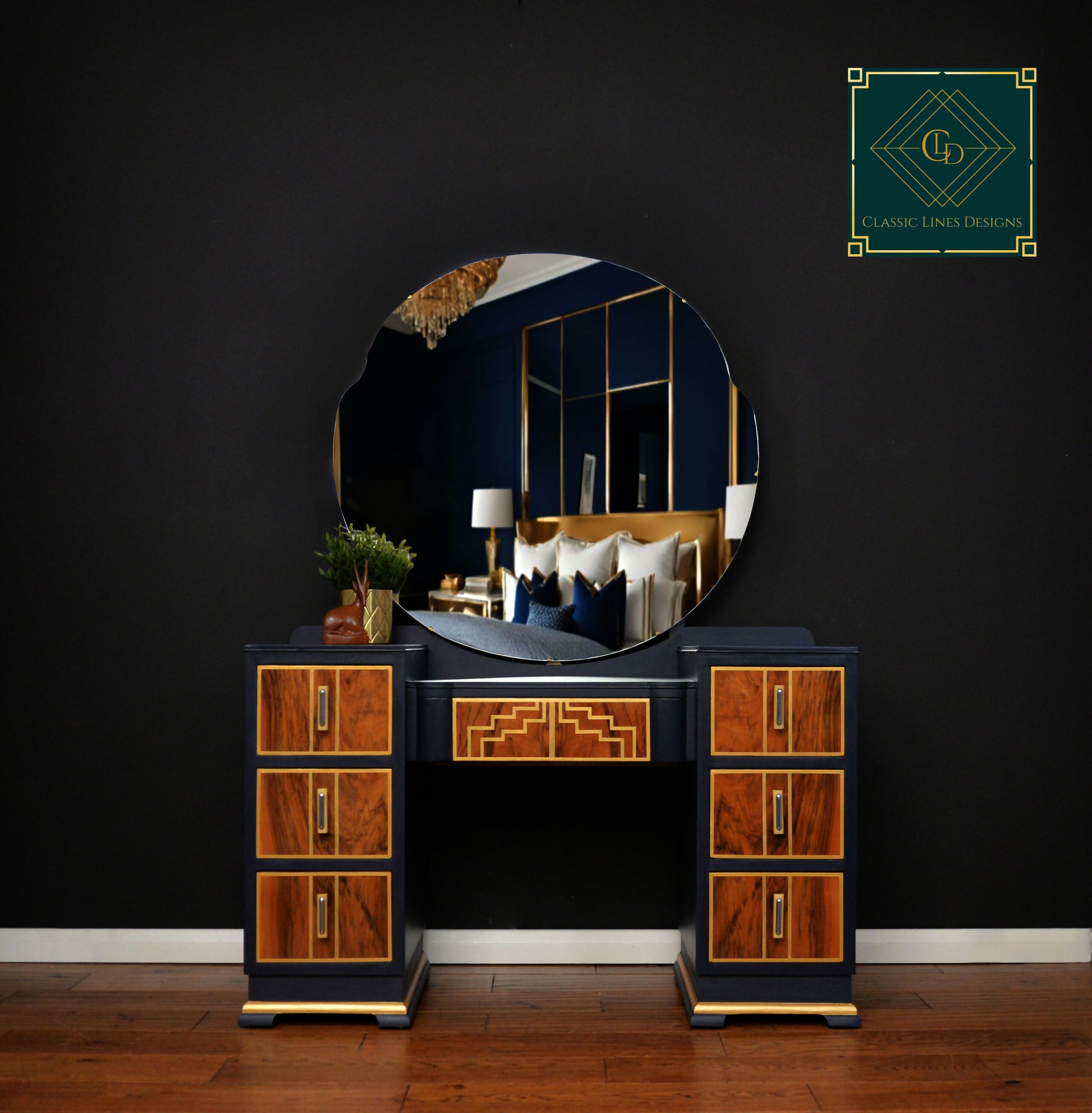 burr walnut dressing table 1940's navy and gold