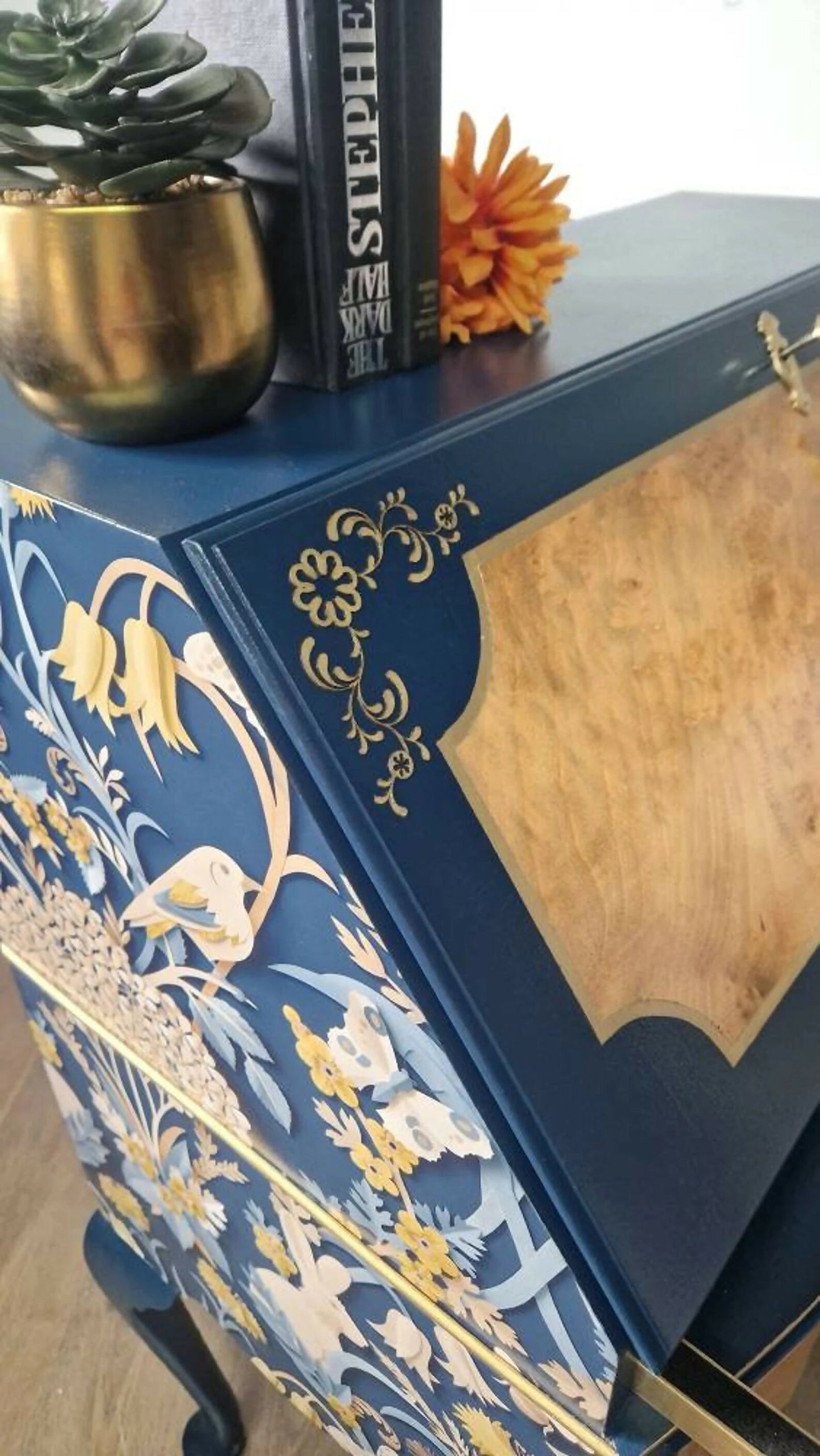 Navy and gold bureau, secretary desk, navy furniture, walnut desk, writing desk, navy blue