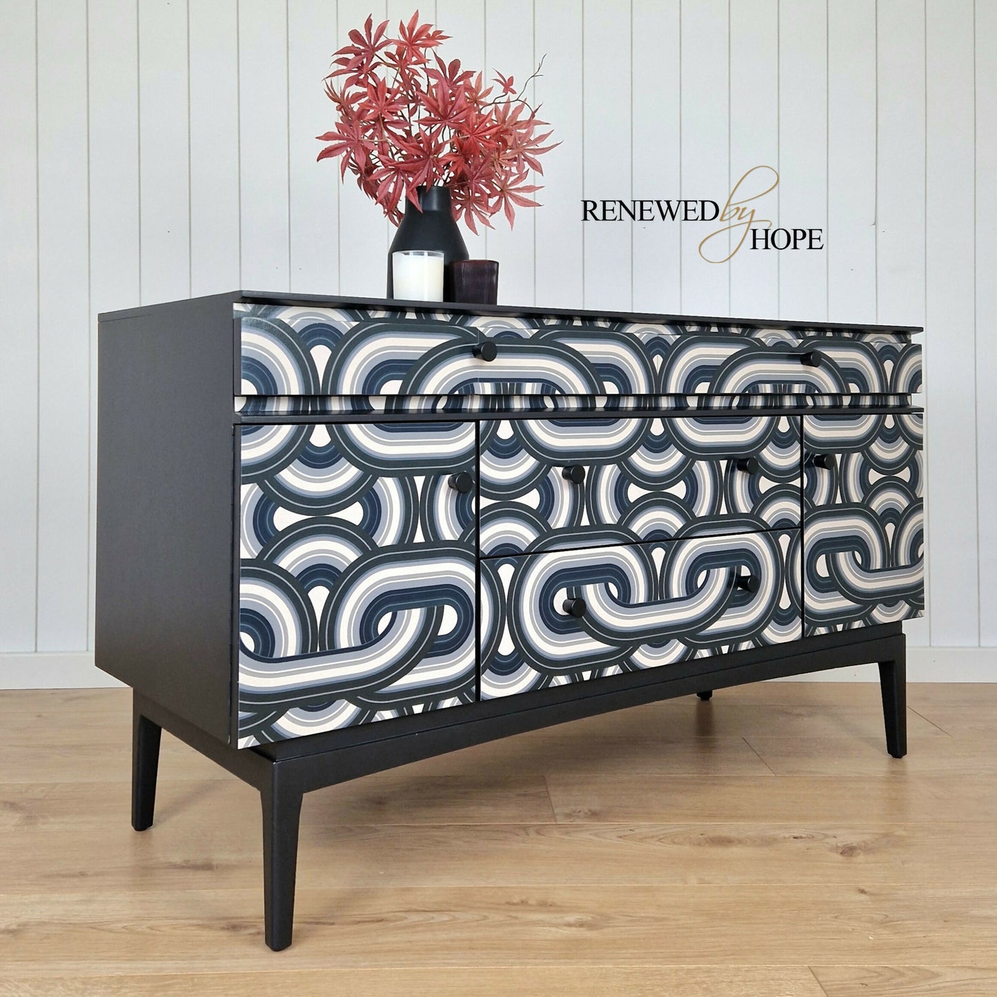 Mid Century Sideboard with black and white wallpaper design (9)