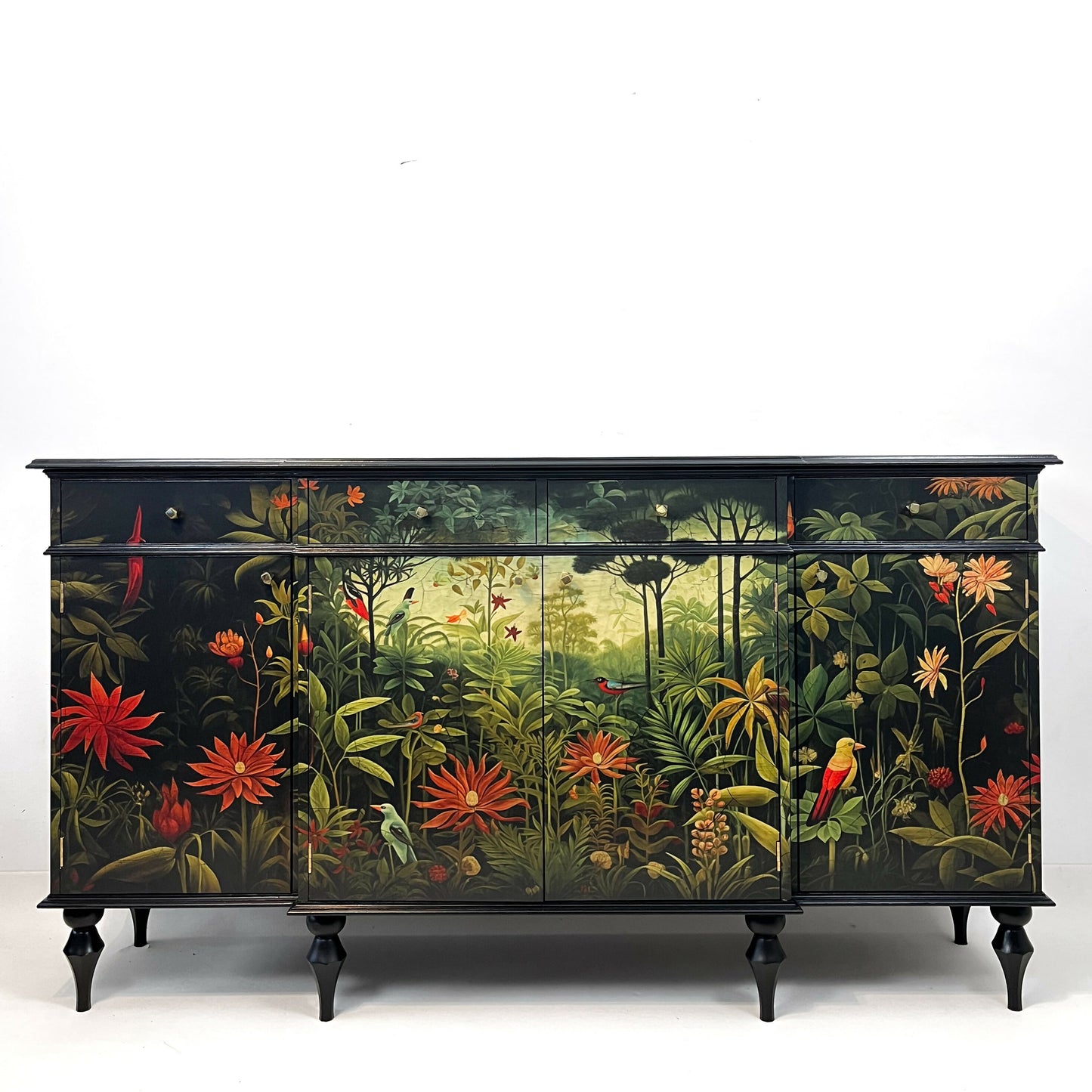 Black vintage sideboard with exotic botanical picture