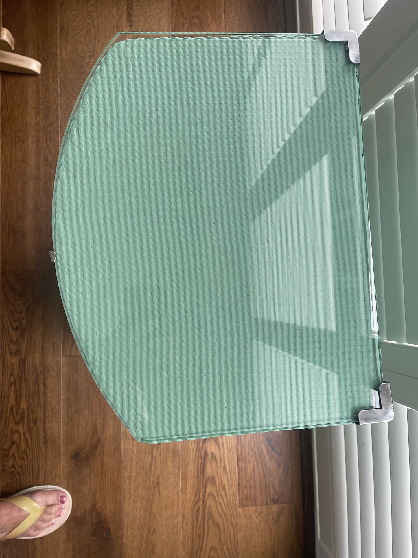 Occasional or bedside table. Green paint. Glass top.