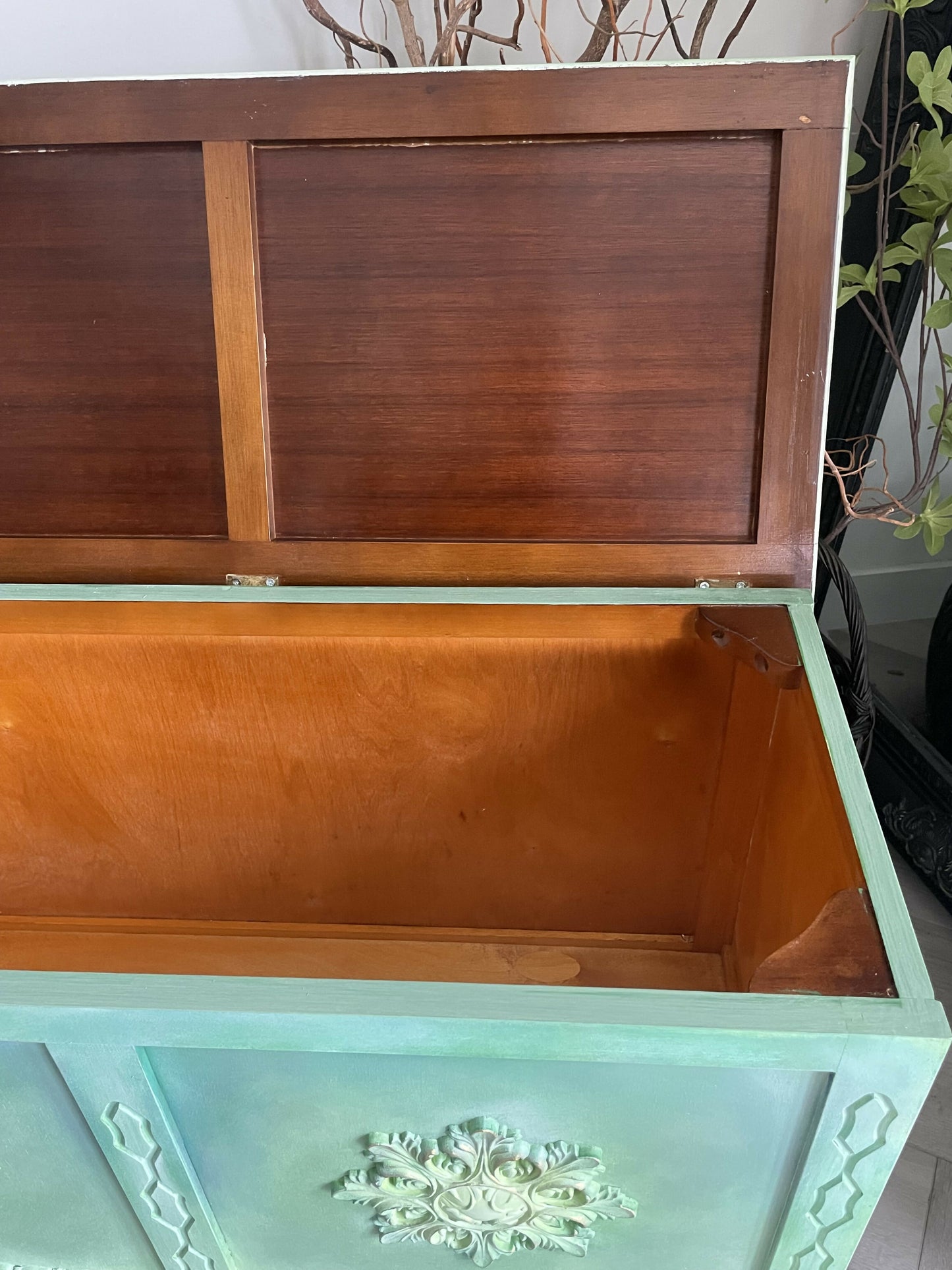 Vintage blanket box, hand painted green, boho