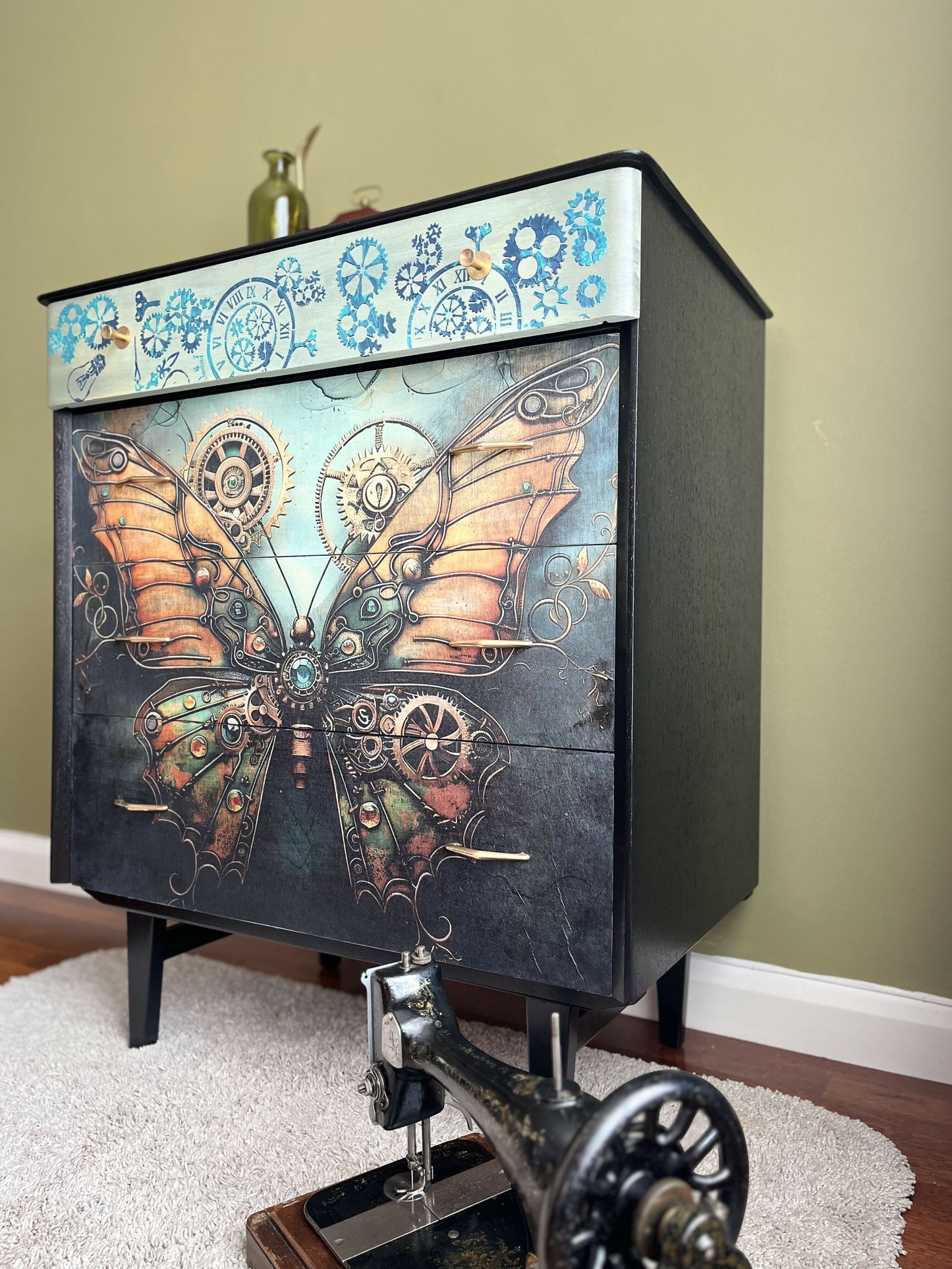 Steampunk butterfly design black MCM chest of drawers