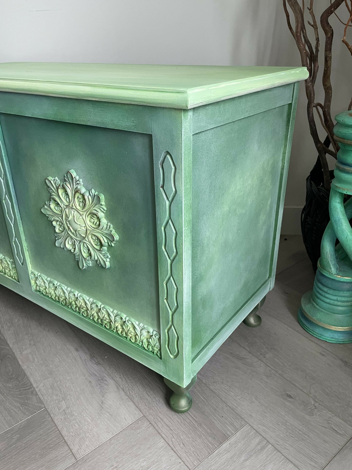 Vintage blanket box, hand painted green, boho