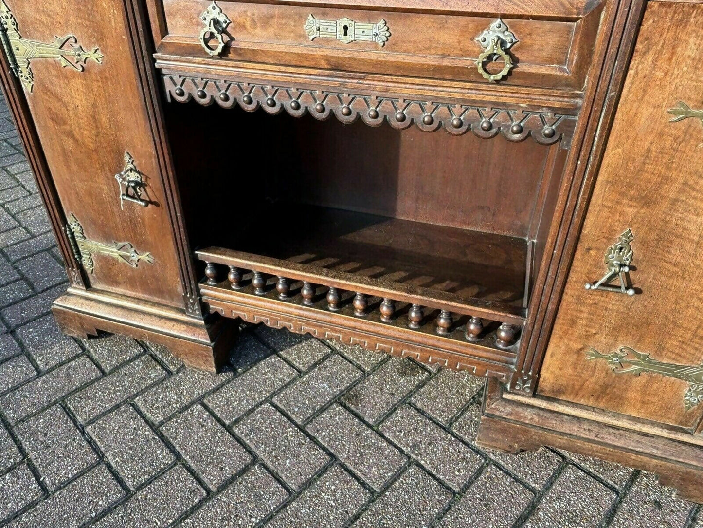 Arts & Crafts French Walnut Bookcase / Cupboard With Fitted Shelves & Drawers