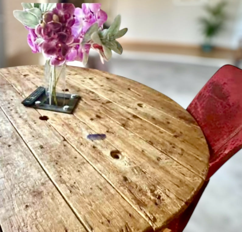 Original, Bespoke made Solid Cable Reel Round Dining Table, with four Bespoke made Dark Fuchsia Chairs