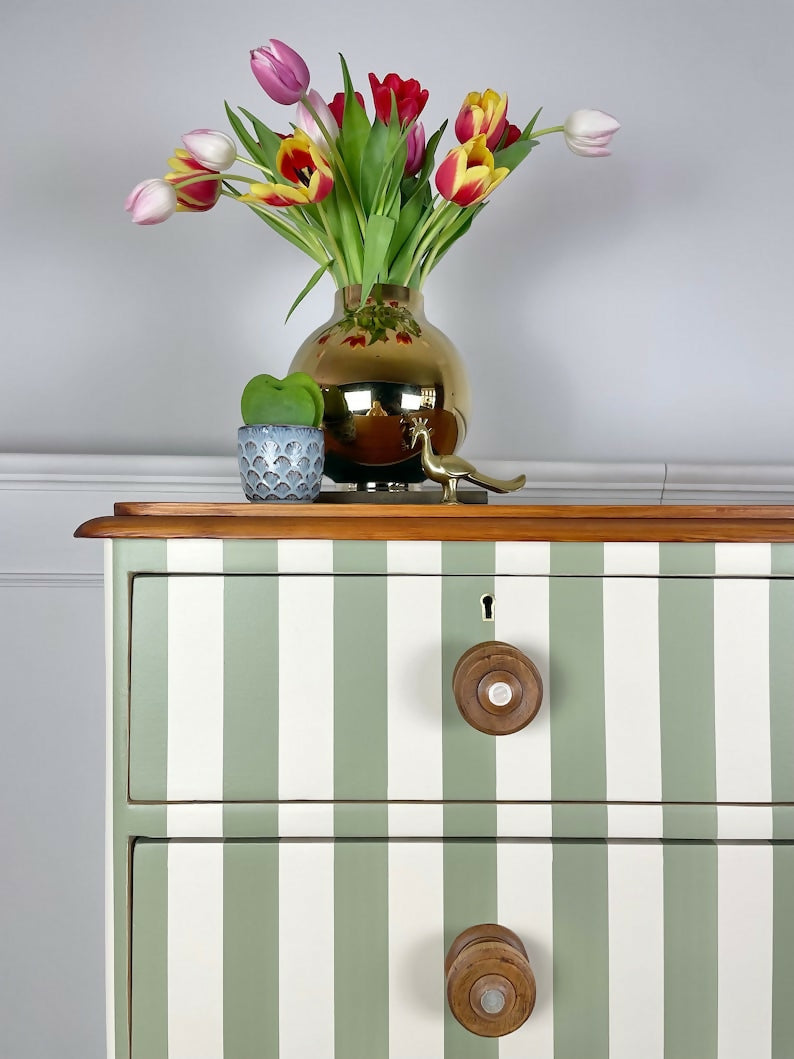 painted green and white Victorian pine chest of drawers with original solid oak handles