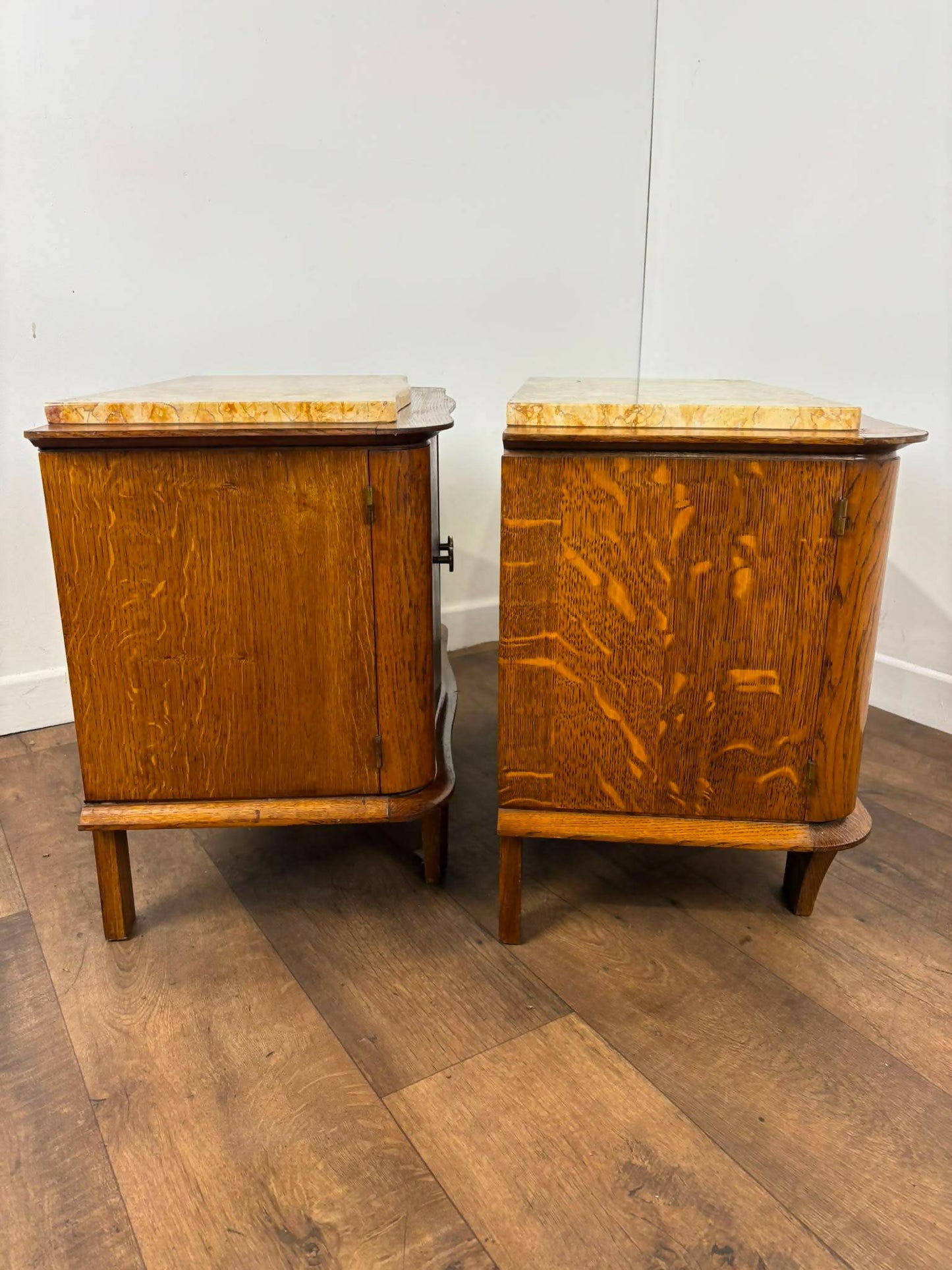 Pair of French Art Deco Oak Bedside Cabinets with Marble Tops