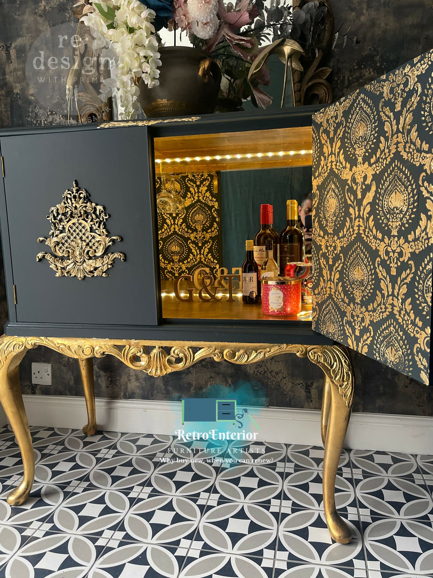 Blue and Gold art Deco cocktails/drinks cabinet