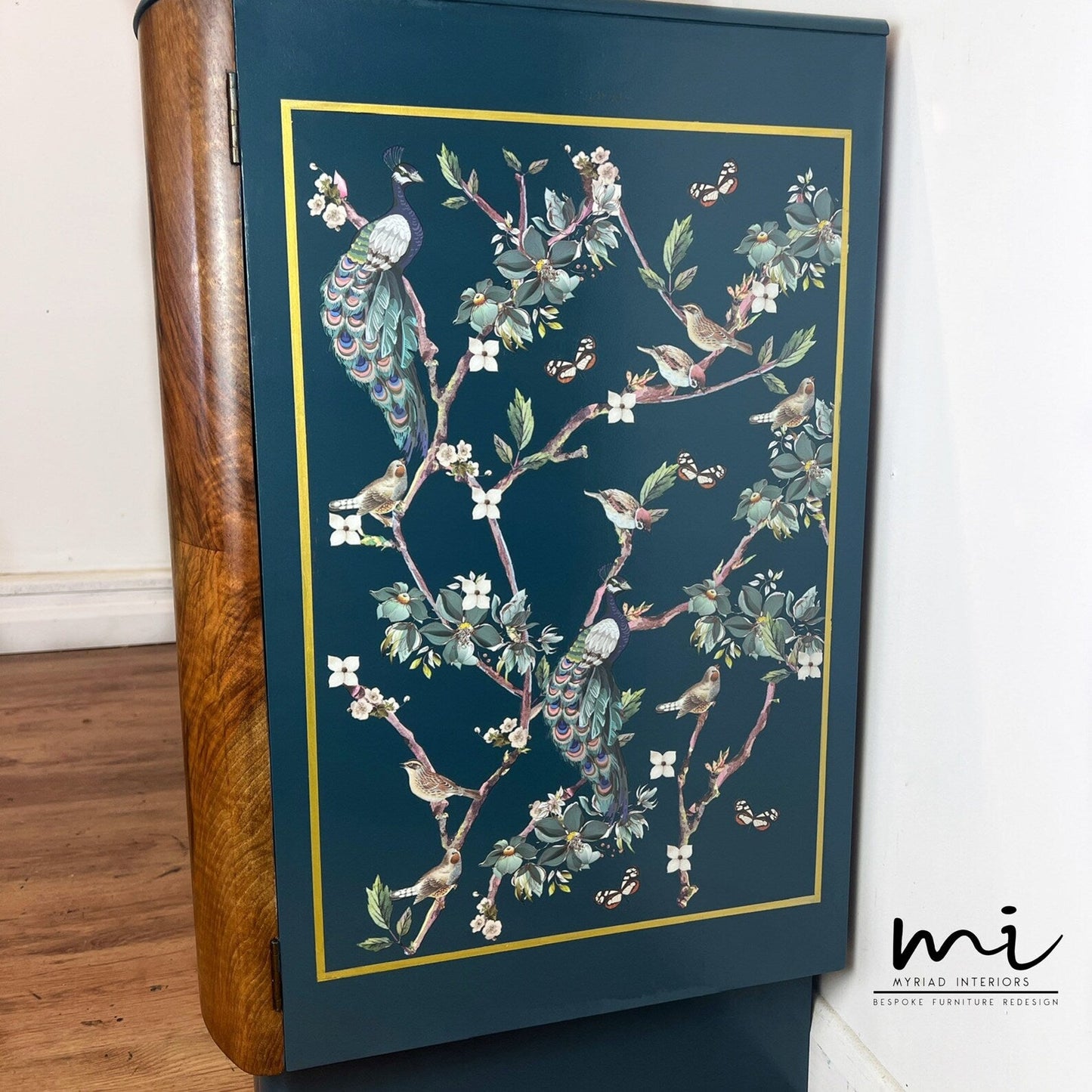 Art Deco cocktail, vintage Nathan drinks cabinet, sideboard, upcycled gin bar, walnut, teal peacock