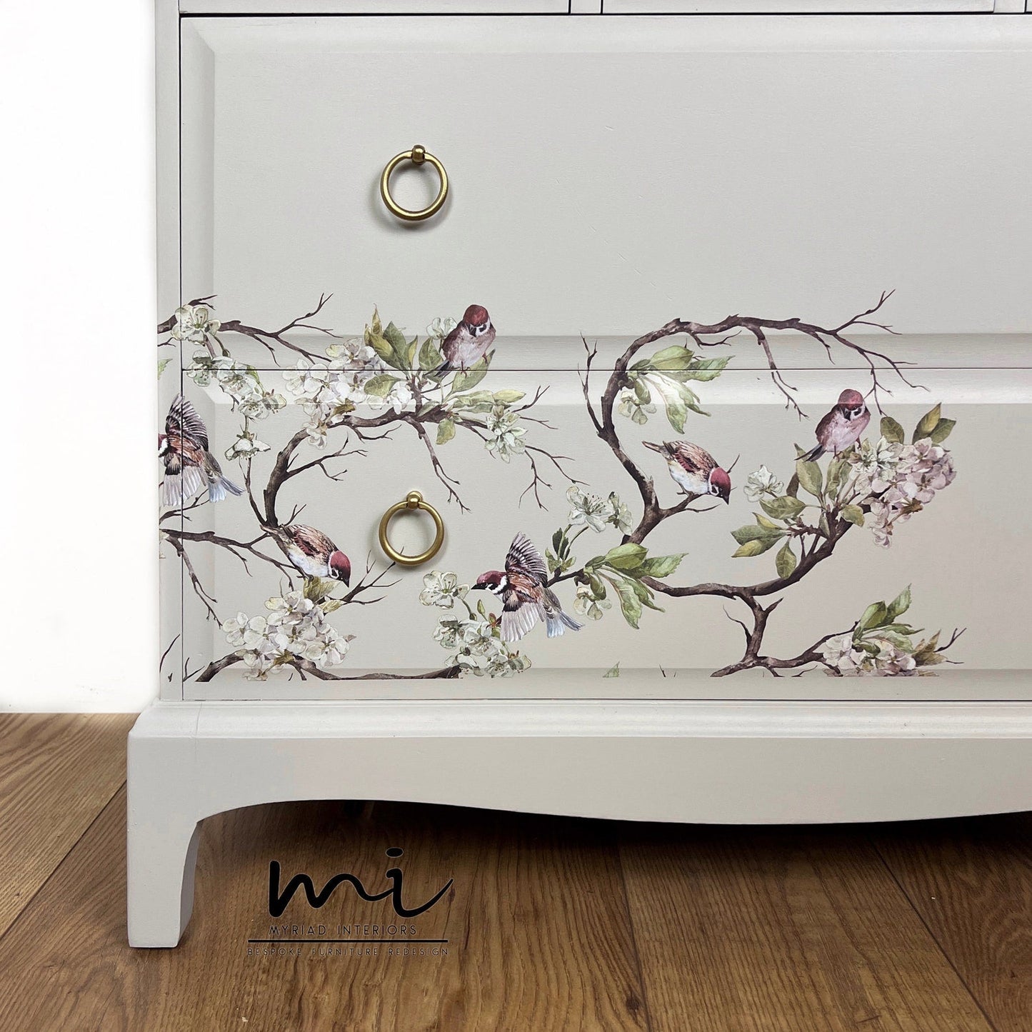 Vintage Stag Minstrel 7 drawer tallboy chest of drawers in a cream with blossom flight , dresser, neutral, beige