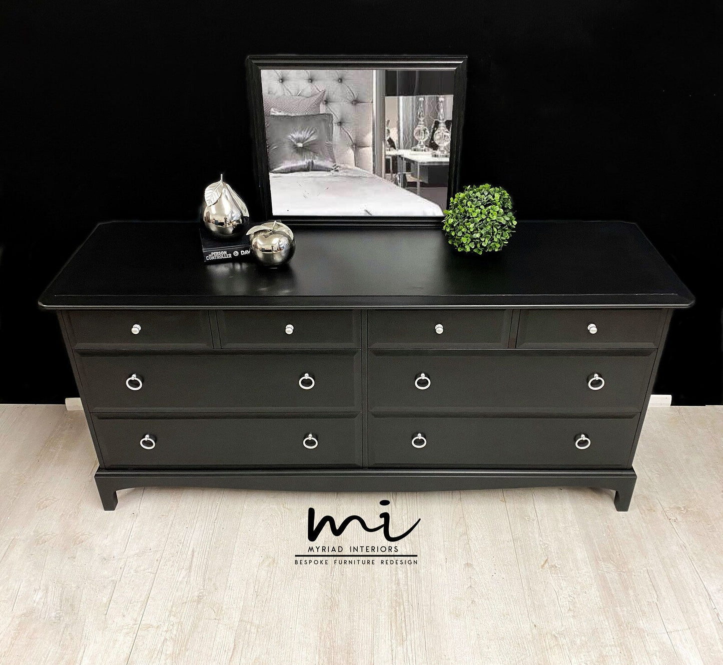 Refurbished vintage Stag Minstrel captains chest of drawers, black, dresser, extended large sideboard mid century