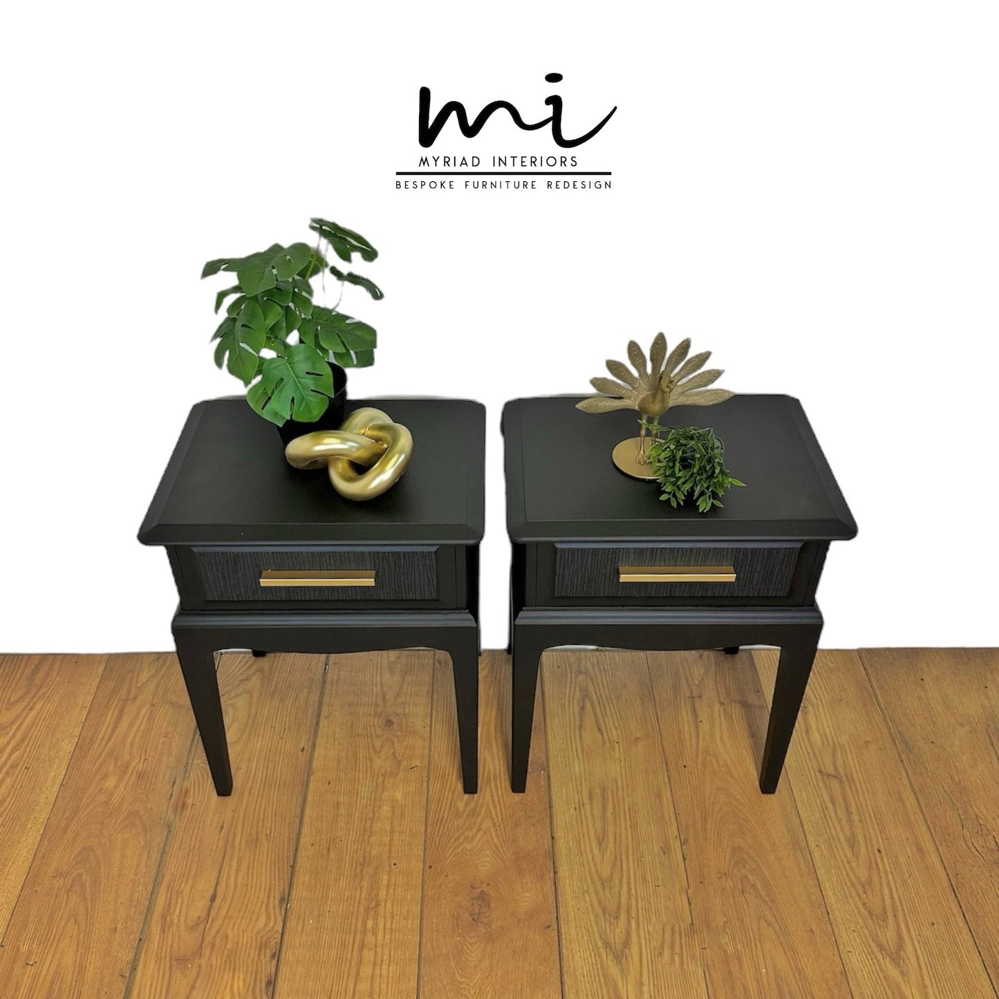 Made To Order Refinished Vintage Stag Minstrel bedside tables in black, gold, nightstands, mid century, bedroom drawers