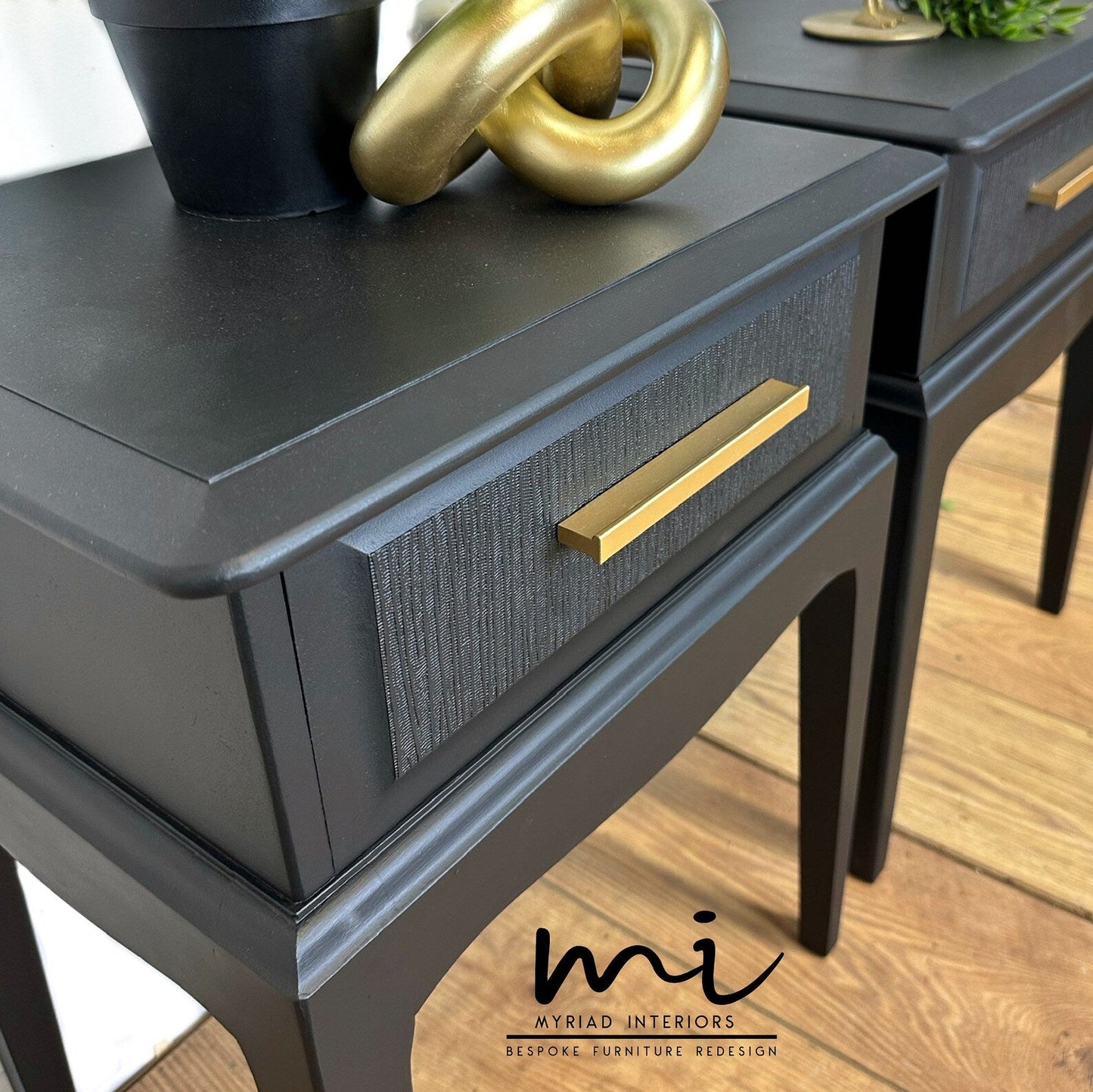 Made To Order Refinished Vintage Stag Minstrel bedside tables in black, gold, nightstands, mid century, bedroom drawers