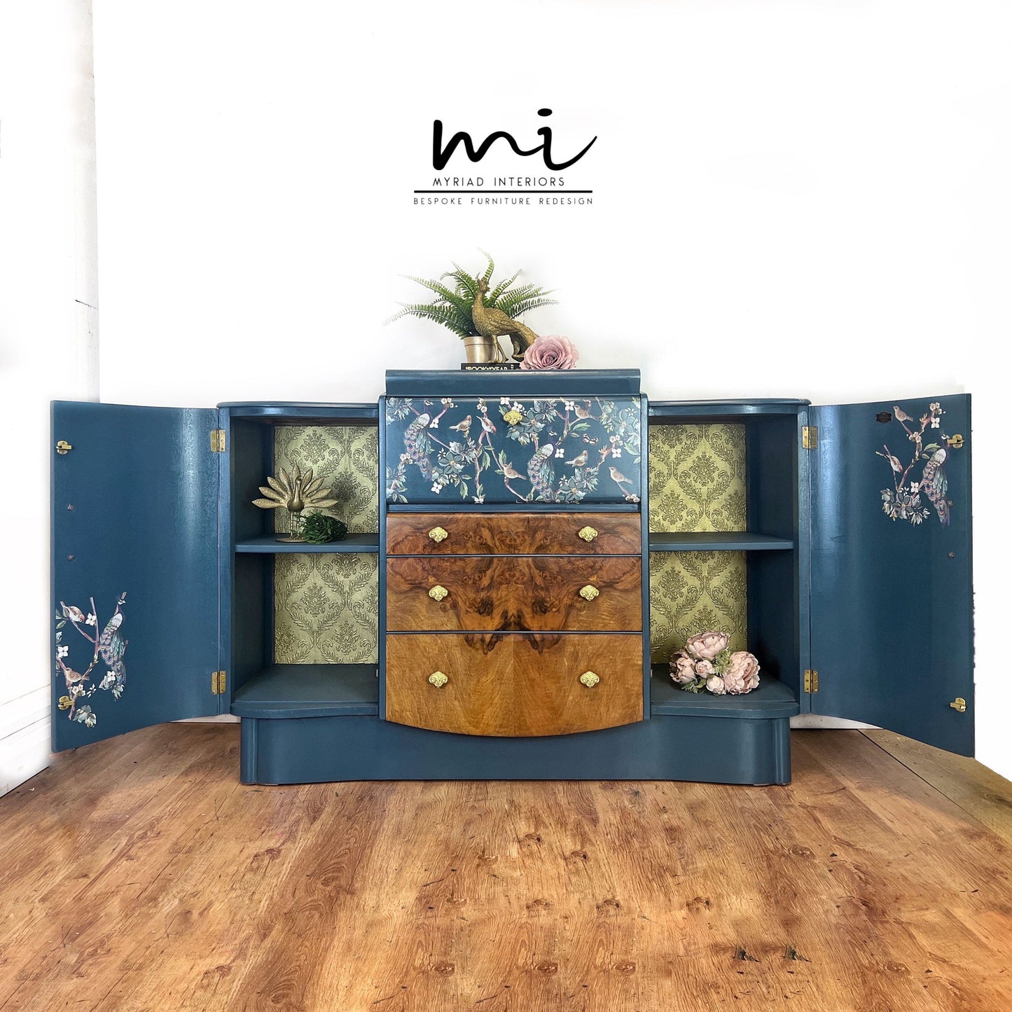 Art Deco cocktail, vintage Nathan drinks cabinet, sideboard, upcycled gin bar, walnut, teal peacock