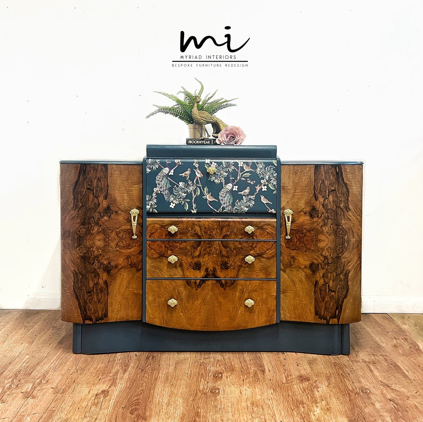 Art Deco cocktail, vintage Nathan drinks cabinet, sideboard, upcycled gin bar, walnut, teal peacock