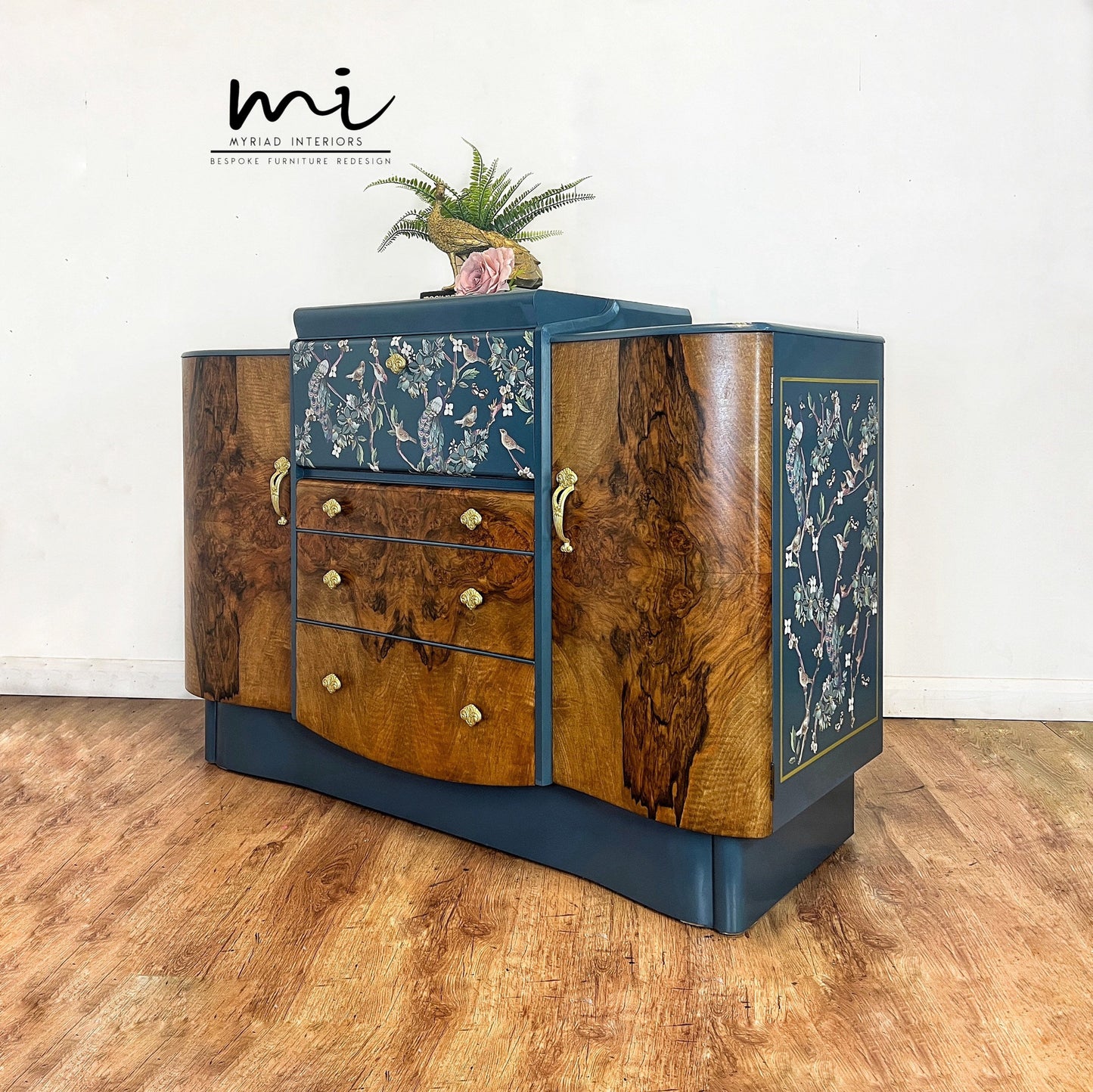 Art Deco cocktail, vintage Nathan drinks cabinet, sideboard, upcycled gin bar, walnut, teal peacock