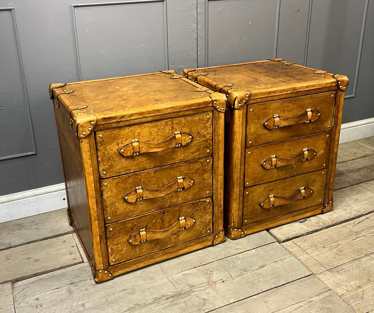 Hand Dyed Tan Leather Handmade English Night Stands Vanities Bedroom Furniture