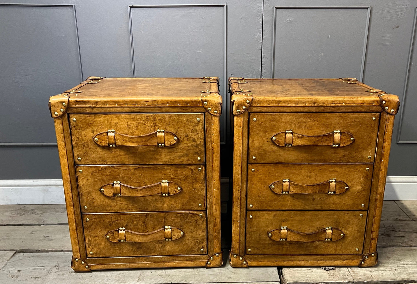 Hand Dyed Tan Leather Handmade English Night Stands Vanities Bedroom Furniture