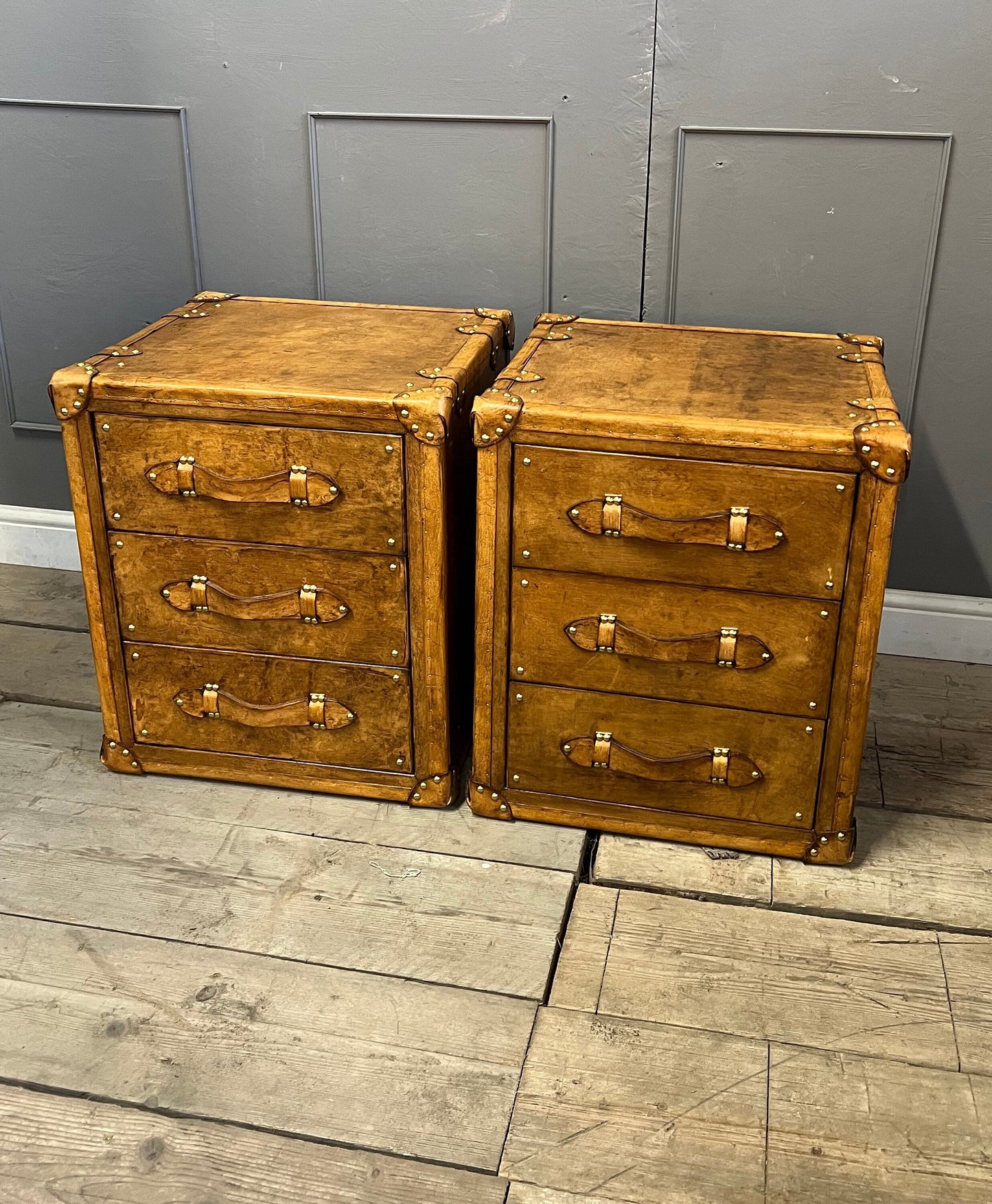 Hand Dyed Tan Leather Handmade English Night Stands Vanities Bedroom Furniture