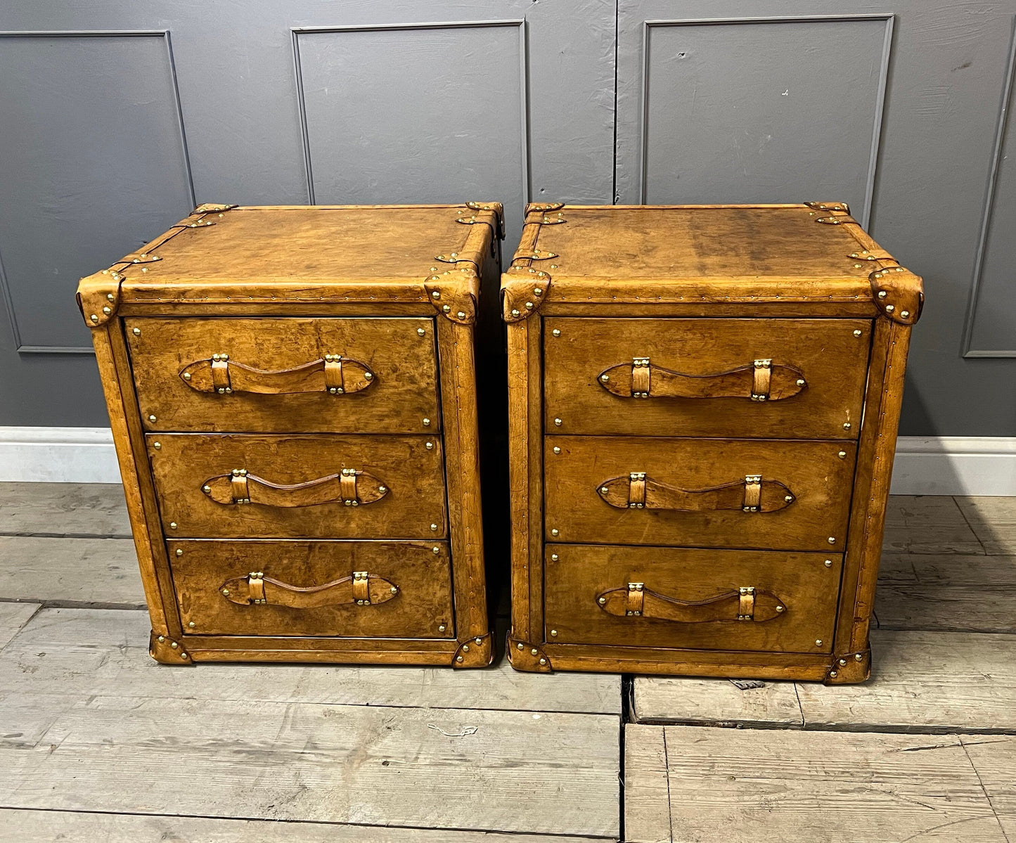Hand Dyed Tan Leather Handmade English Night Stands Vanities Bedroom Furniture