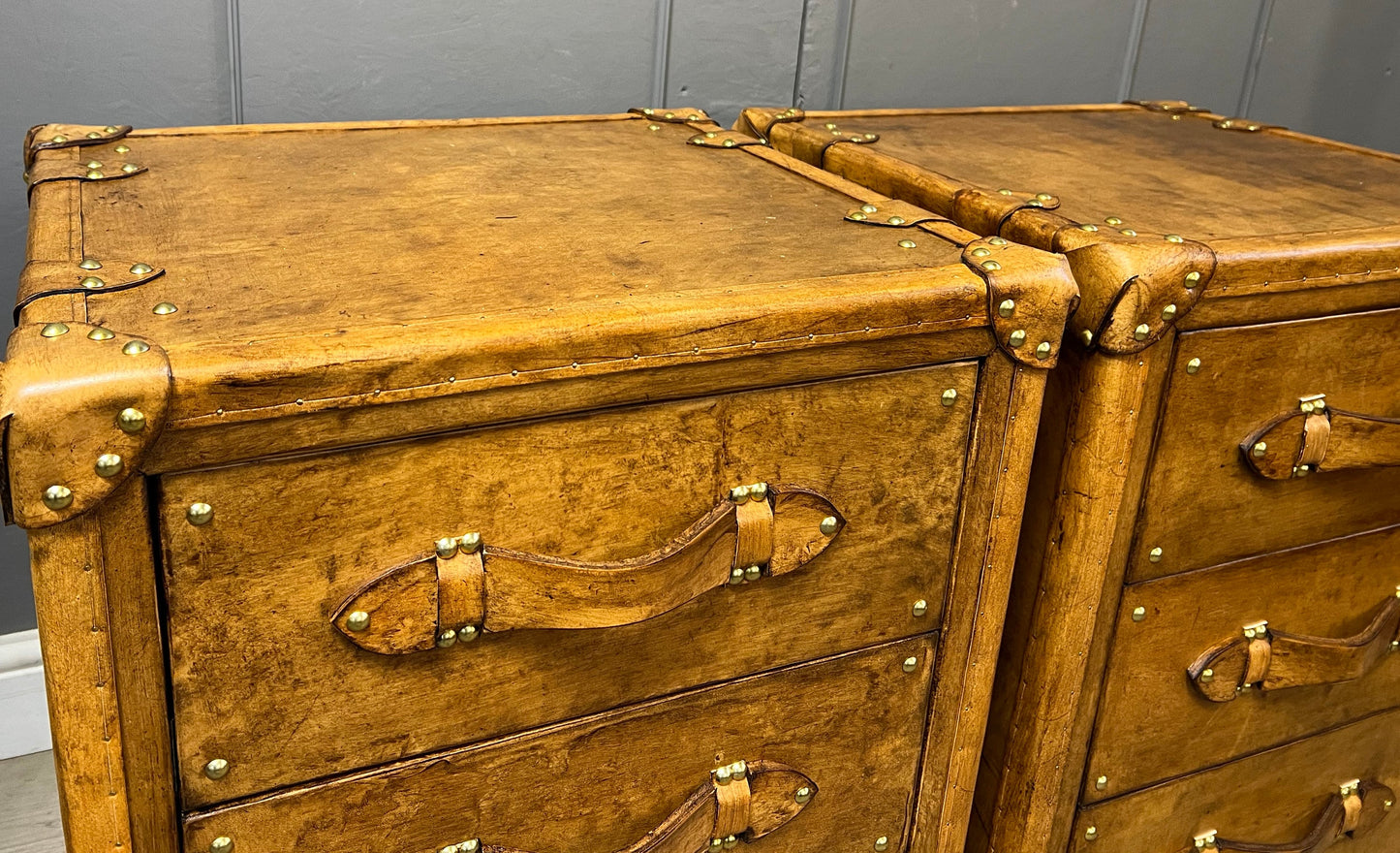 Hand Dyed Tan Leather Handmade English Night Stands Vanities Bedroom Furniture