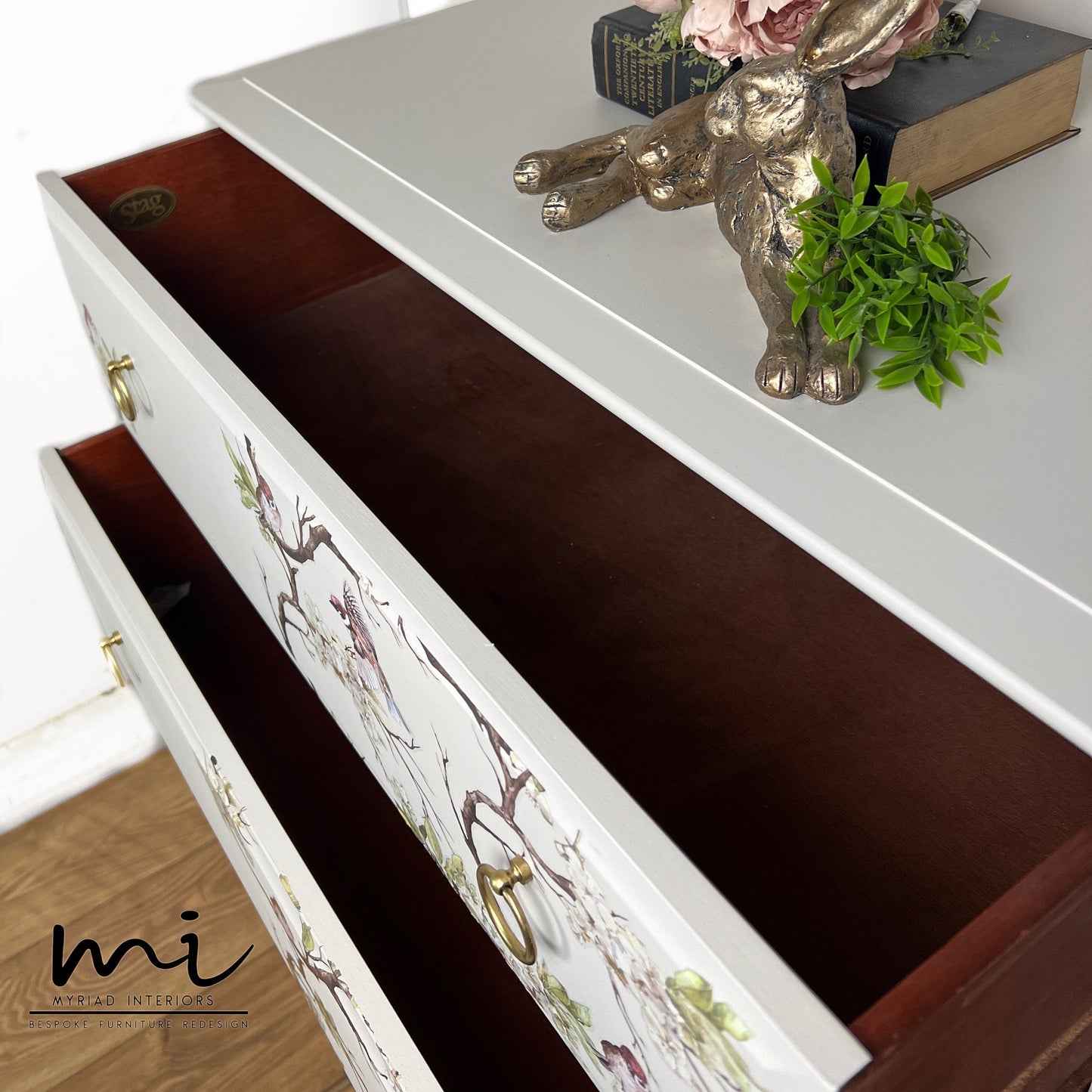 Vintage Stag Minstrel 7 drawer tallboy chest of drawers in a cream with blossom flight , dresser, neutral, beige