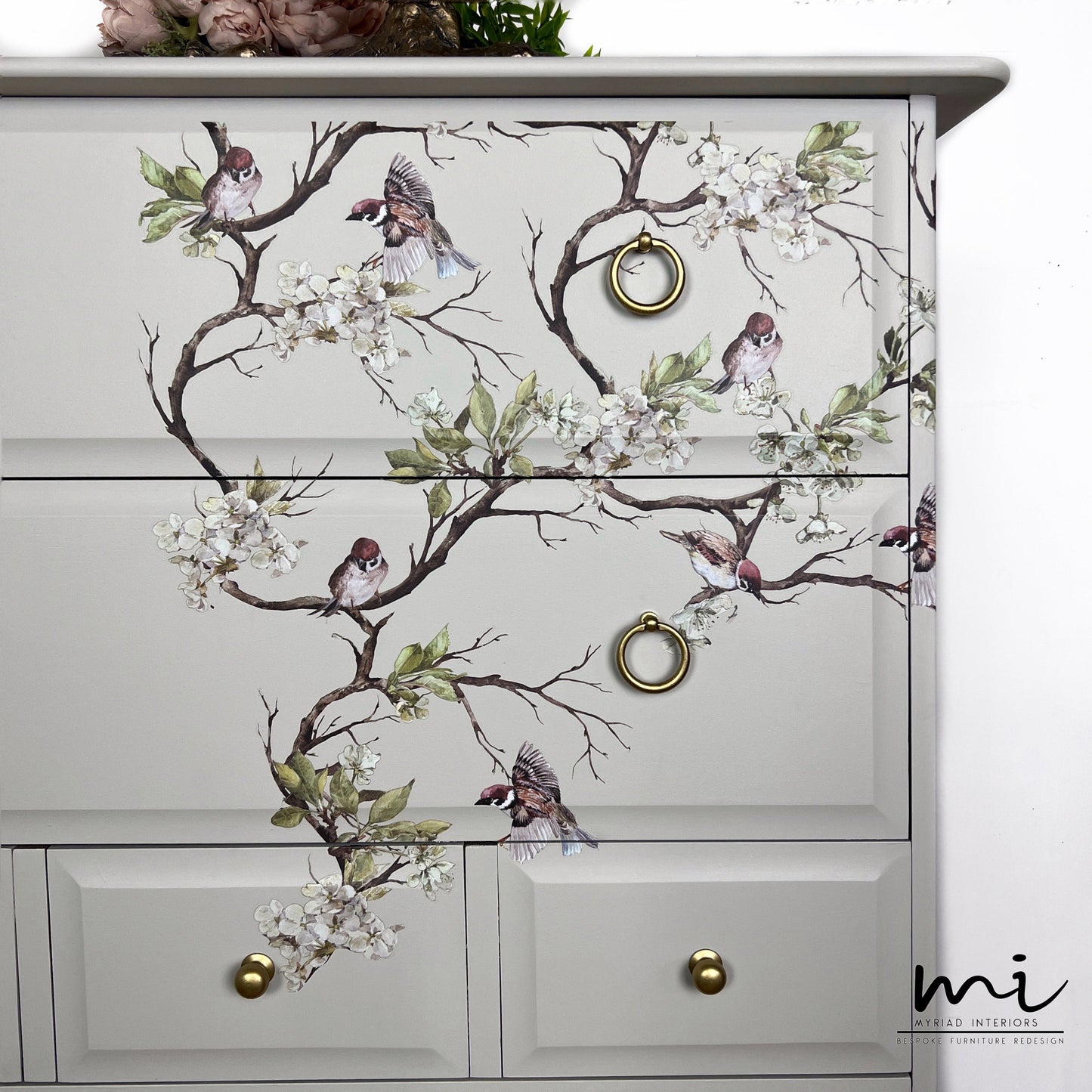 Vintage Stag Minstrel 7 drawer tallboy chest of drawers in a cream with blossom flight , dresser, neutral, beige