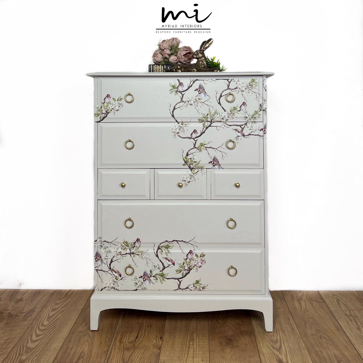 Vintage Stag Minstrel 7 drawer tallboy chest of drawers in a cream with blossom flight , dresser, neutral, beige