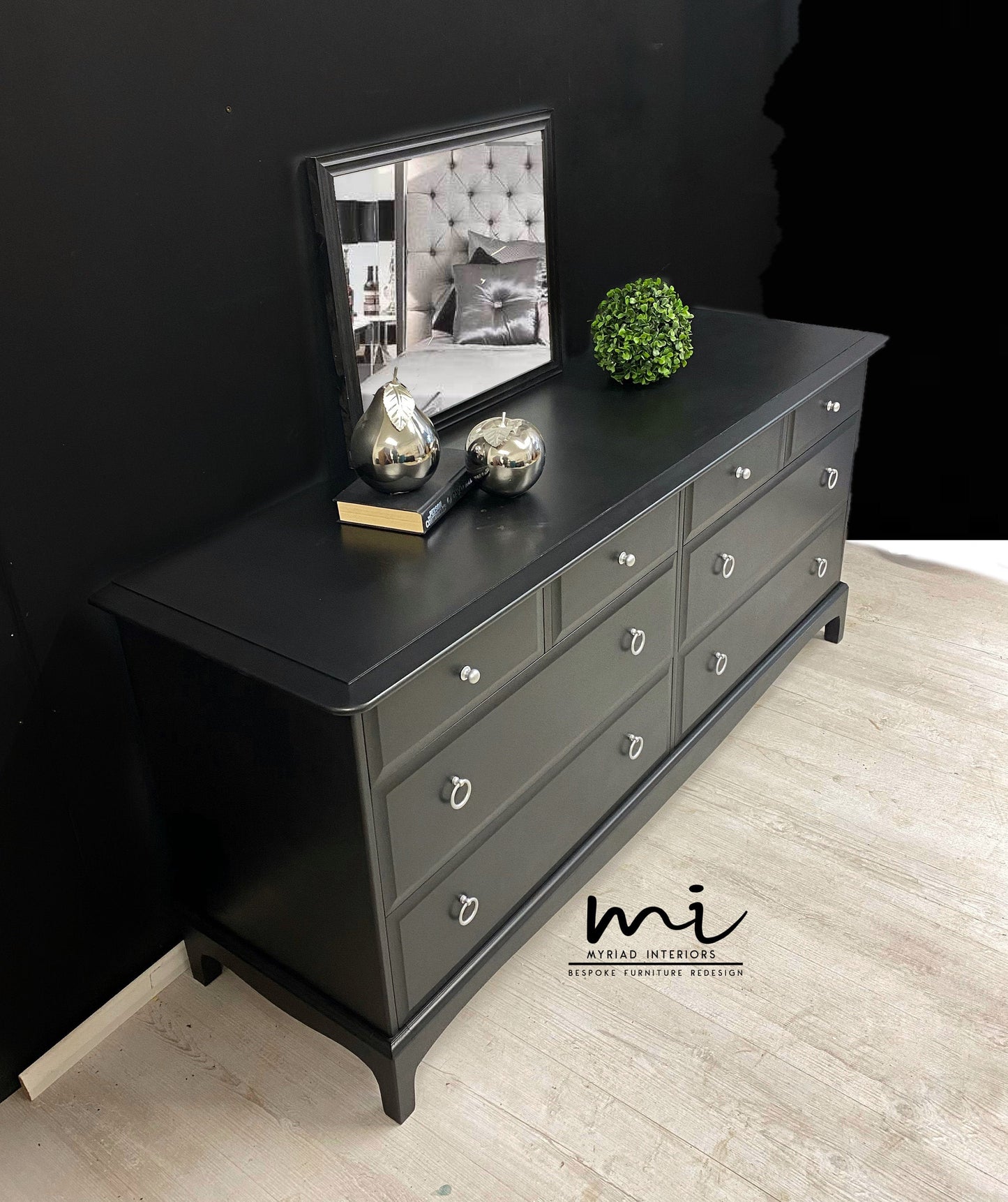 Refurbished vintage Stag Minstrel captains chest of drawers, black, dresser, extended large sideboard mid century