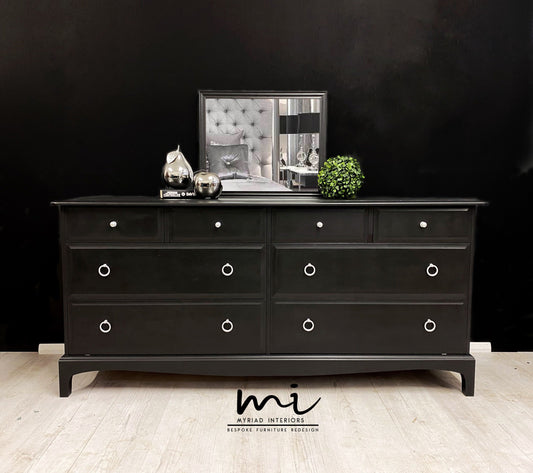 Refurbished vintage Stag Minstrel captains chest of drawers, black, dresser, extended large sideboard mid century
